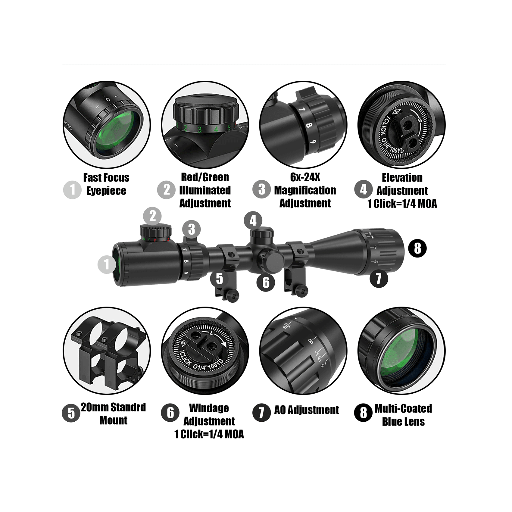The UUQ 3-9X40 AO rifle scope product details.