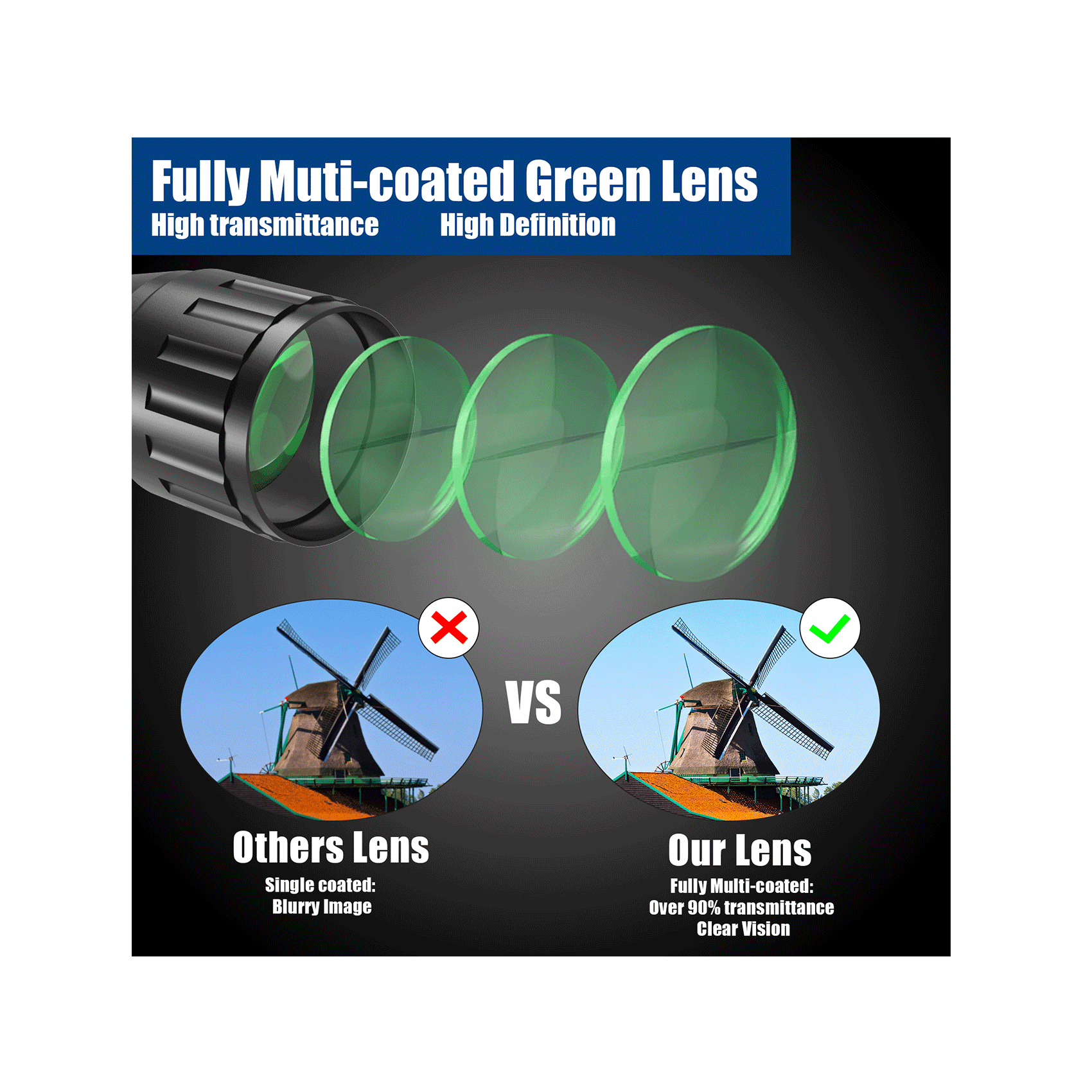 The UUQ 3-9X40 AO rifle scope features fully green-coated lenses, providing a clearer view.