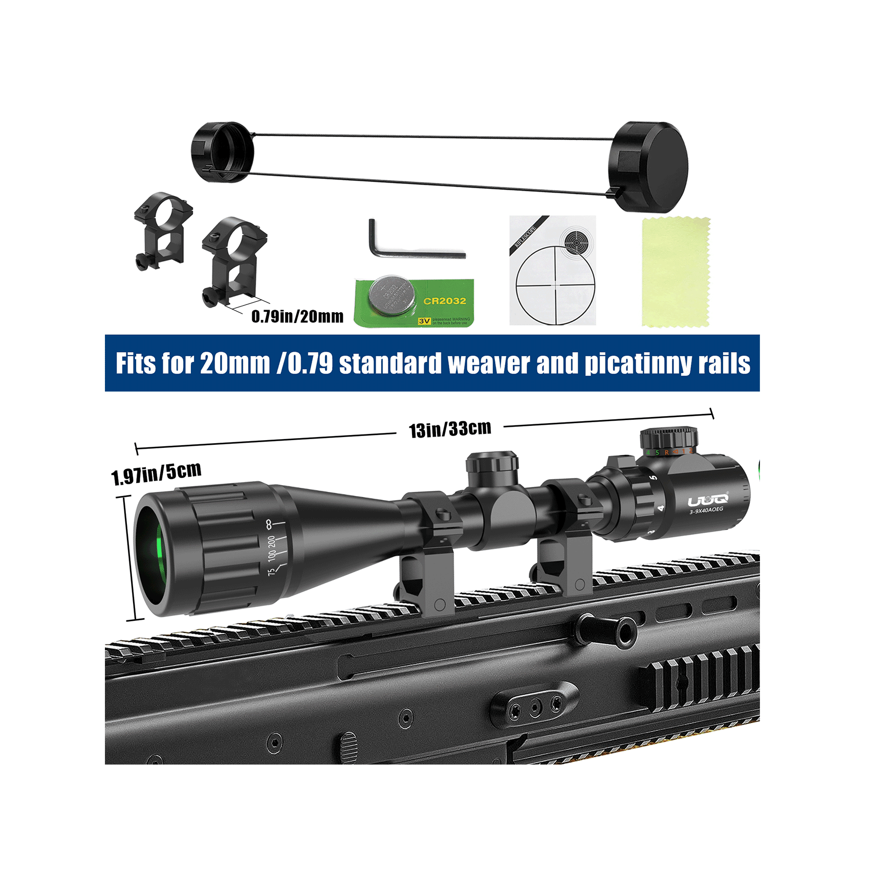 UUQ 3-9x40 AO Rifle Scope fit 20mm/0.79 standard weaver and picatinny rails.