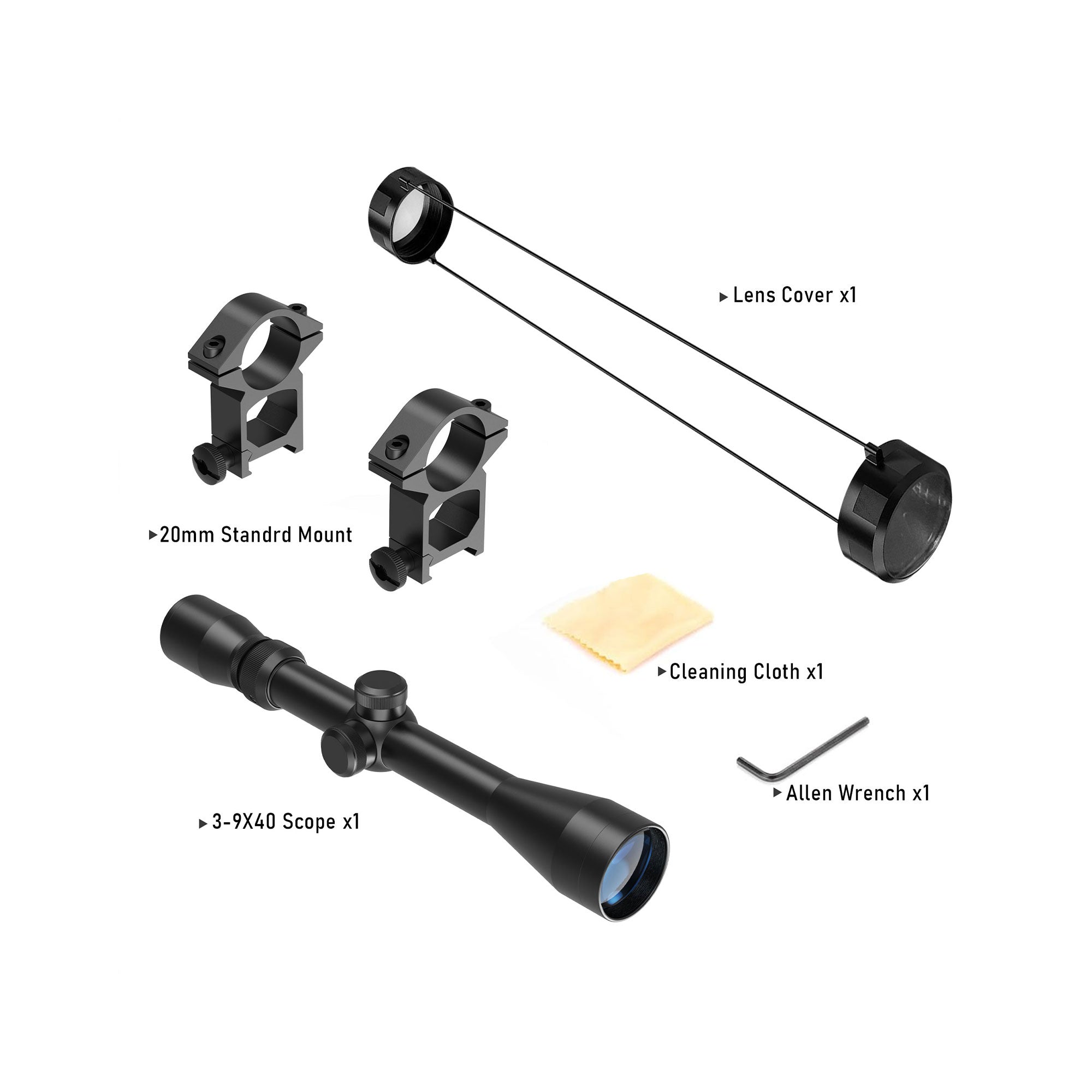 UUQ 3-9x40 rifle scope accessory kit, including lens cover, 20mm standard mounts, cleaning cloth, Allen wrench, and 3-9x40 scope.
