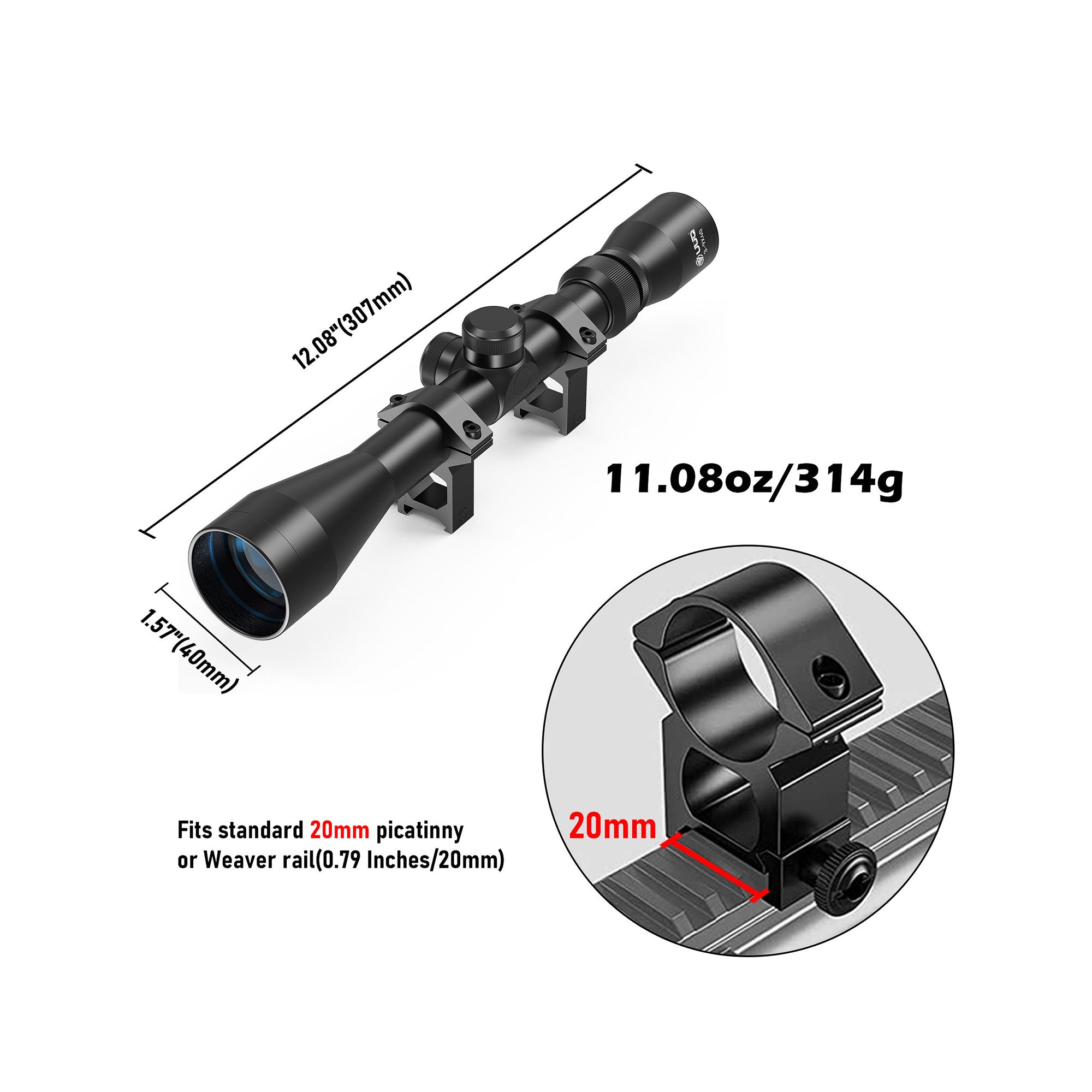 Dimensions and weight display of the UUQ 3-9x40 rifle scope, including length 12.08 inches (307mm), weight 11.08oz (314g), compatible with standard 20mm Picatinny or Weaver rail.
