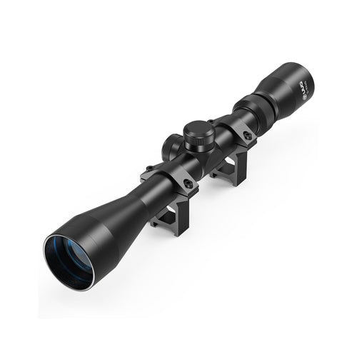 Display showing the UUQ 3-9x40 rifle scope, featuring 3x to 9x magnification and a 40mm objective lens diameter, suitable for precision shooting.
