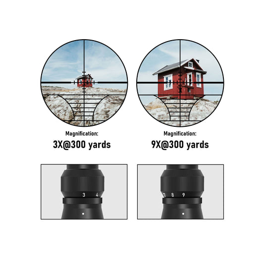 Display showing the magnification of the UUQ 3-9x40 rifle scope, with 3x magnification at 300 yards on the left and 9x magnification at 300 yards on the right, and the magnification adjustment knobs at the bottom.
