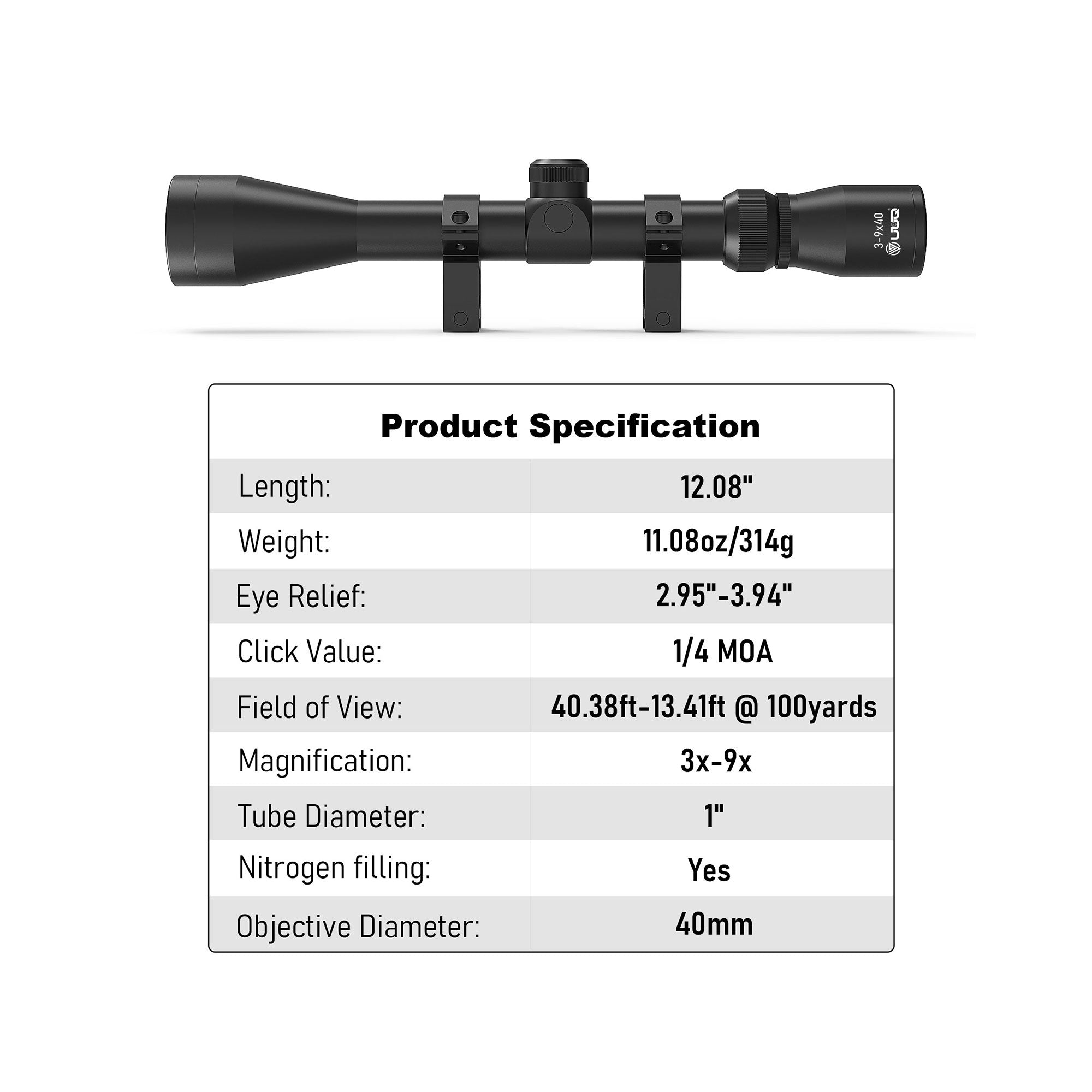 Product specification sheet for the UUQ 3-9x40 rifle scope, showing various parameters.
