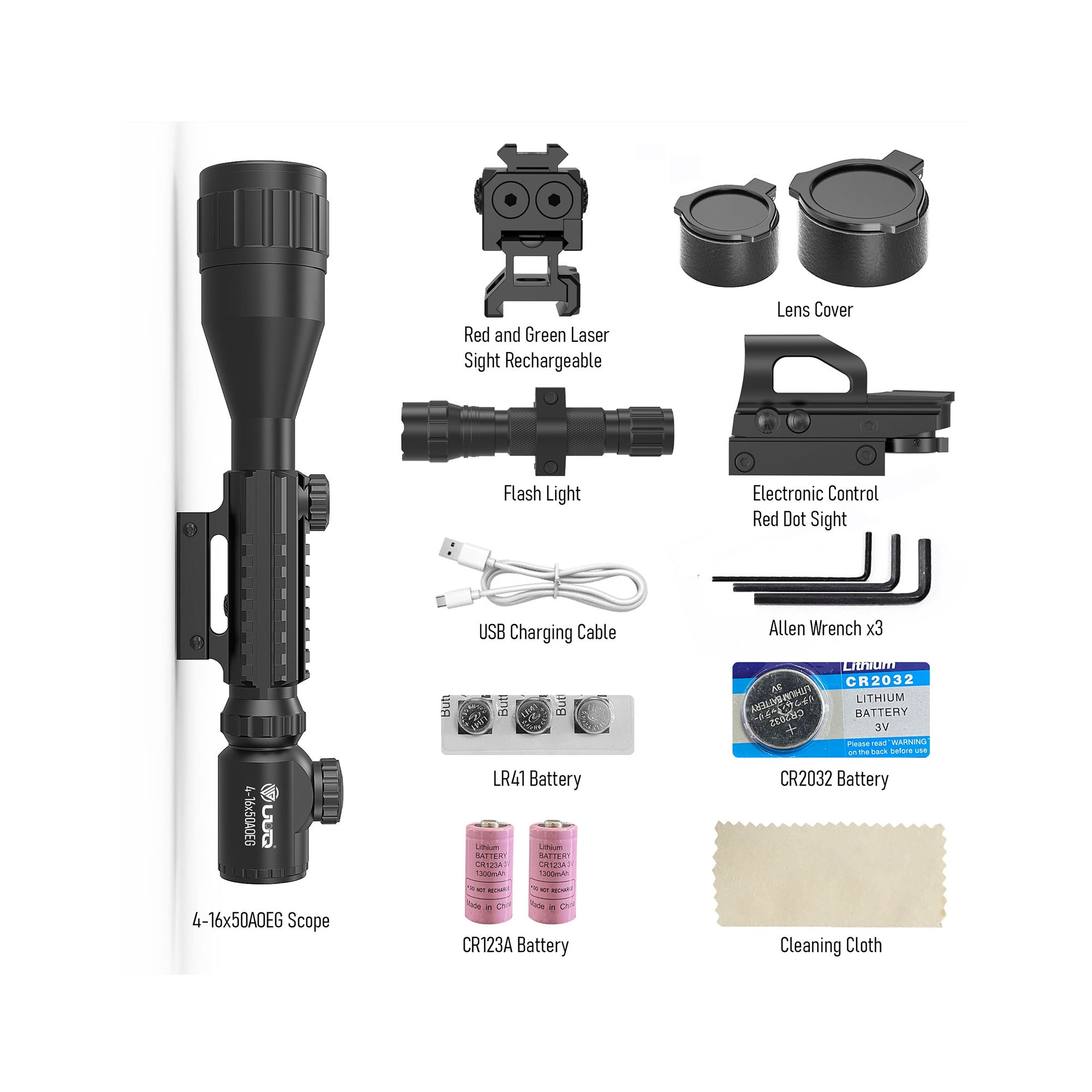 Display showing the UUQ 4-16X50 AO 4 in 1 Combo Scope and its included accessories, including red and green laser sight, lens cover, flashlight, USB charging cable, red dot sight, Allen wrenches, batteries, and cleaning cloth.
