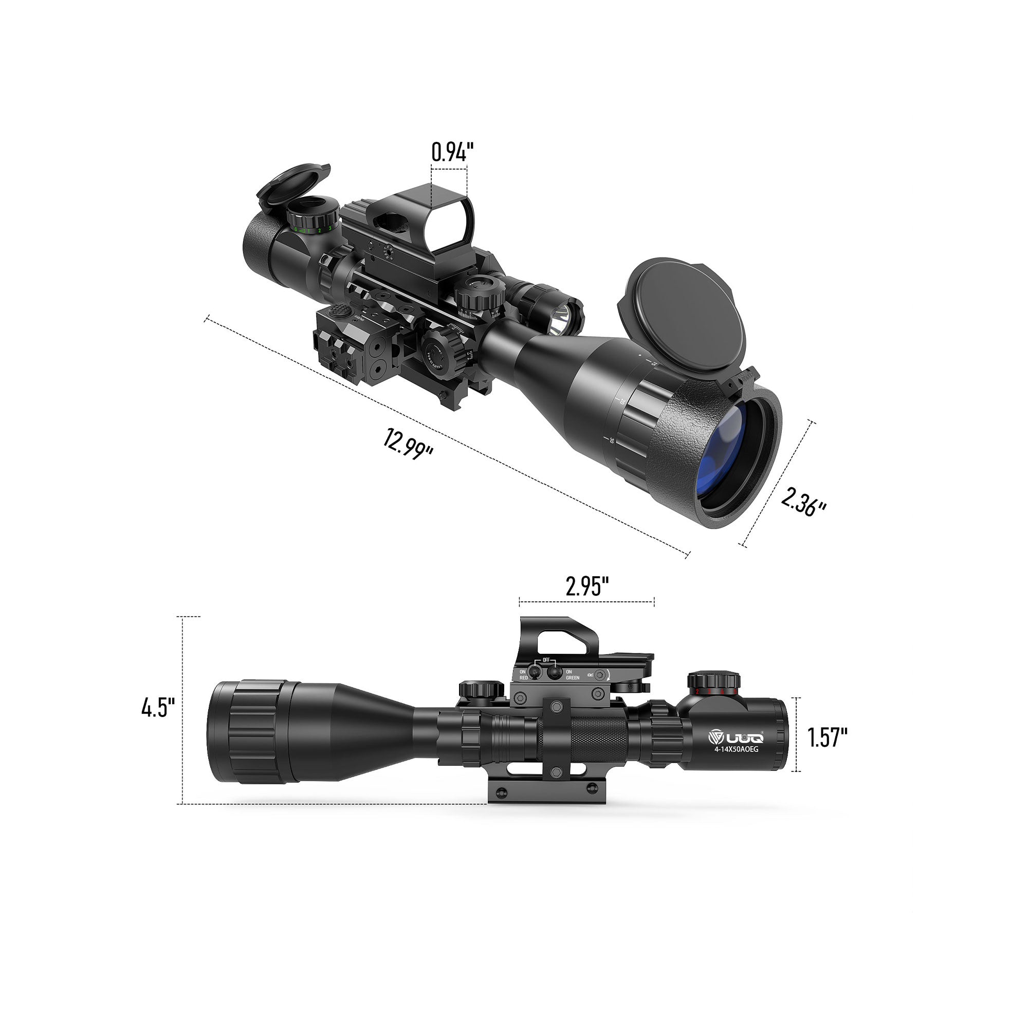 Illustration showing the dimensions and specifications of the UUQ 4-16X50 AO 4 in 1 Combo Scope, including length, width, and height.
