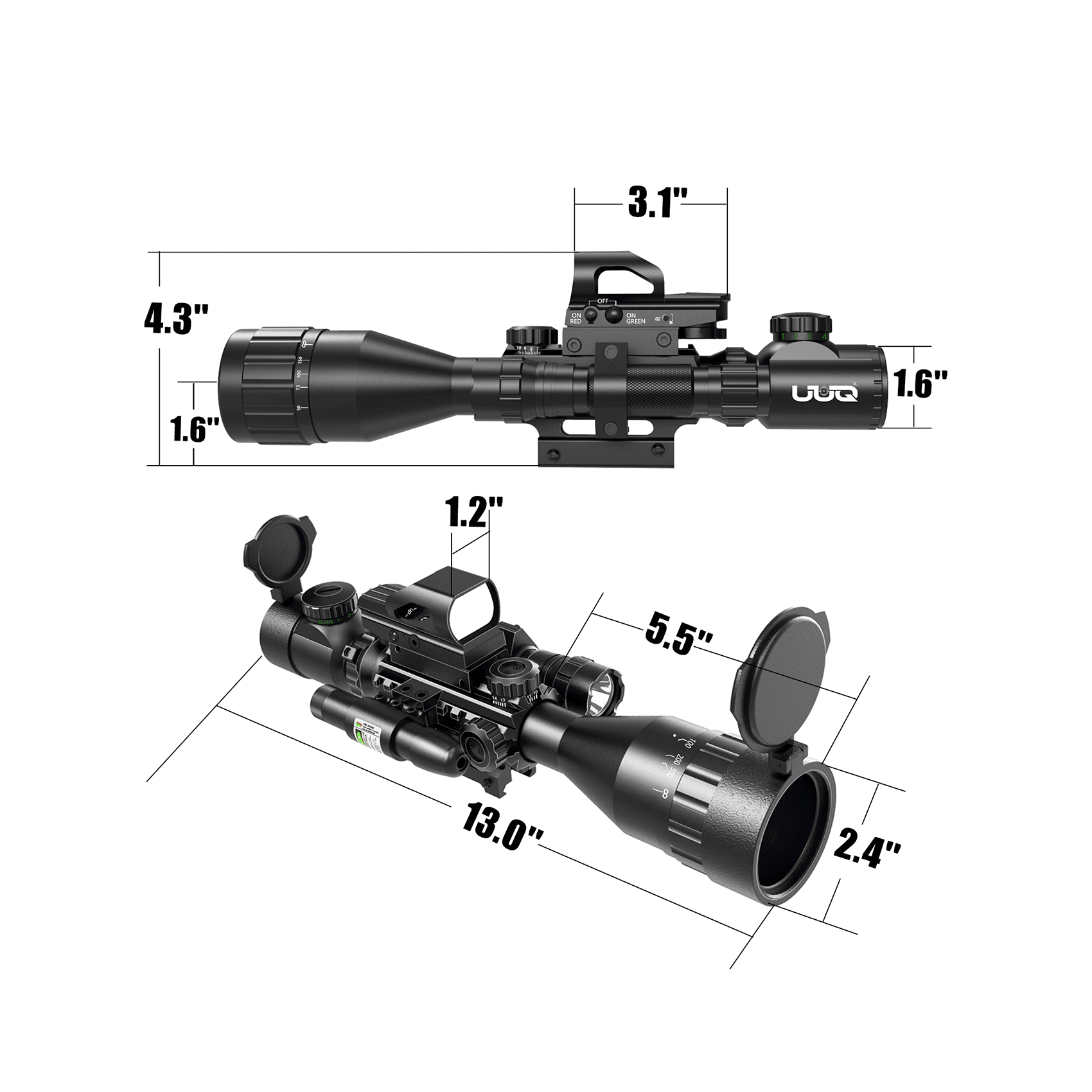 Display showing the detailed dimensions of UUQ 4-16X50 AO 4 in 1 Combo Scope, including specific measurements of length, width, and height.
