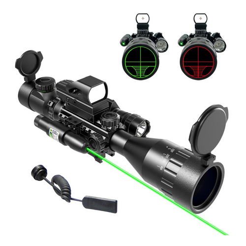 Display showing UUQ 4-16X50 AO 4 in 1 Combo Scope, including red dot sight, green laser, and flashlight, with 4-16X magnification and 50mm objective lens diameter.
