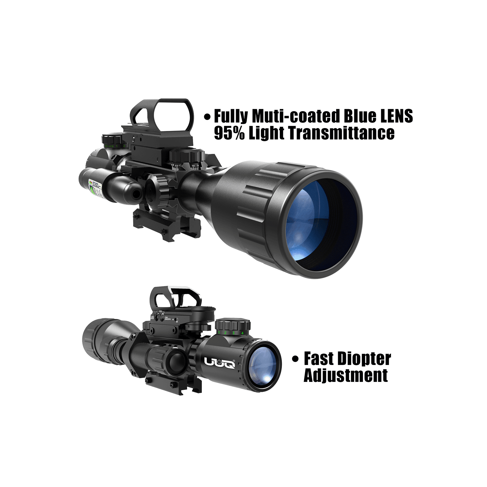 Display showing UUQ 4-16X50 AO 4 in 1 Combo Scope with fully multi-coated blue lens with 95% light transmittance and fast diopter adjustment feature.
