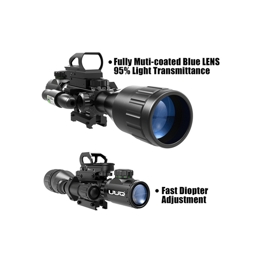Display showing UUQ 4-16X50 AO 4 in 1 Combo Scope with fully multi-coated blue lens with 95% light transmittance and fast diopter adjustment feature.
