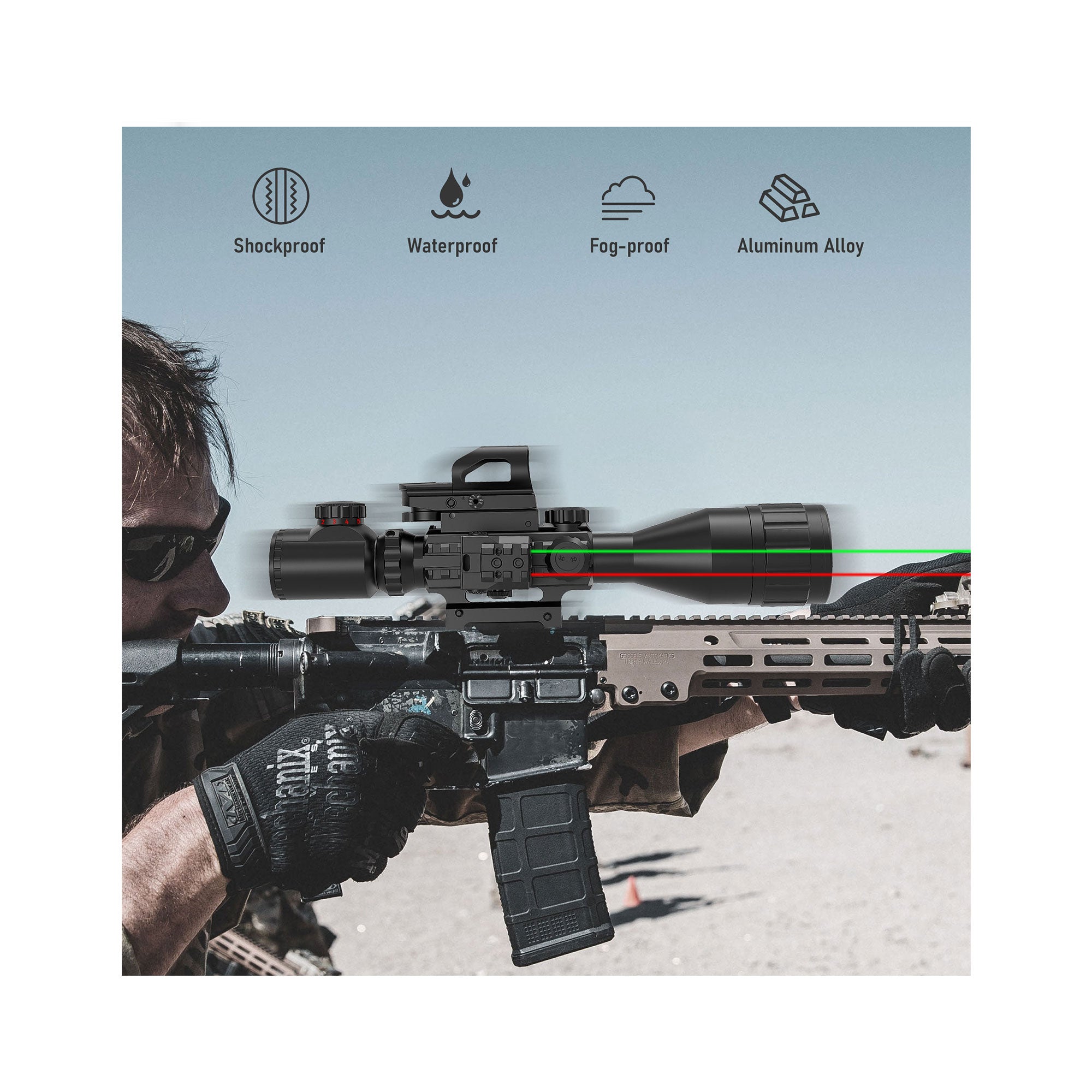 Display showing the UUQ 4-16X50 AO 4 in 1 Combo Scope mounted on a weapon, highlighting its shockproof, waterproof, fog-proof, and aluminum alloy features.
