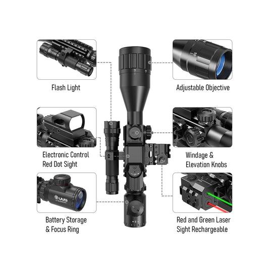Illustration showing the features of the UUQ 4-16X50 AO 4 in 1 Combo Scope, including Red Dot Sight, G/R Laser, Flashlight, Adjustable Objective, Windage & Elevation Knobs, Battery Storage & Focus Ring.
