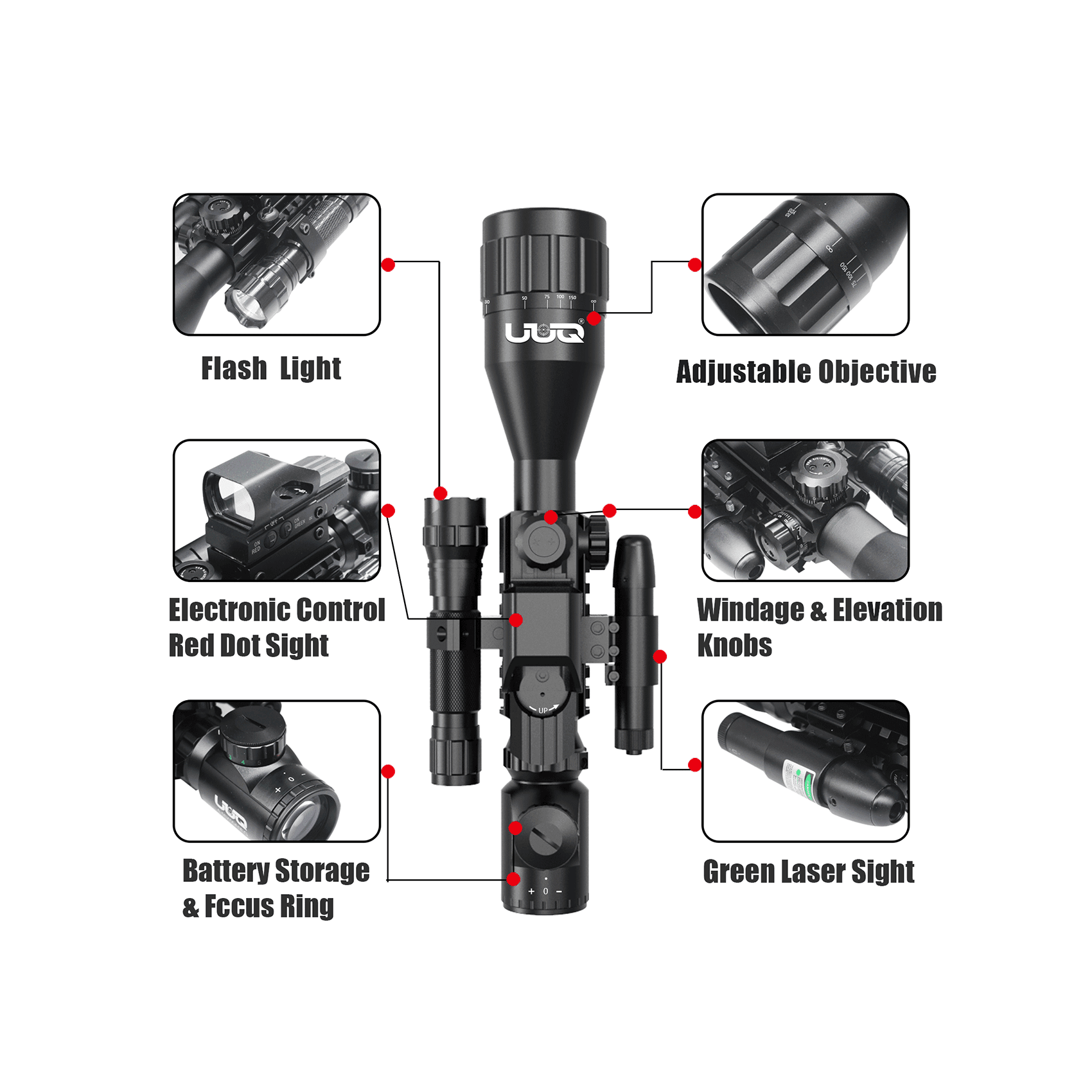 Display showing features of UUQ 4-16X50 AO 4 in 1 Combo Scope, including flashlight, adjustable objective, electronic control red dot sight, windage and elevation knobs, battery storage and focus ring, and green laser sight.
