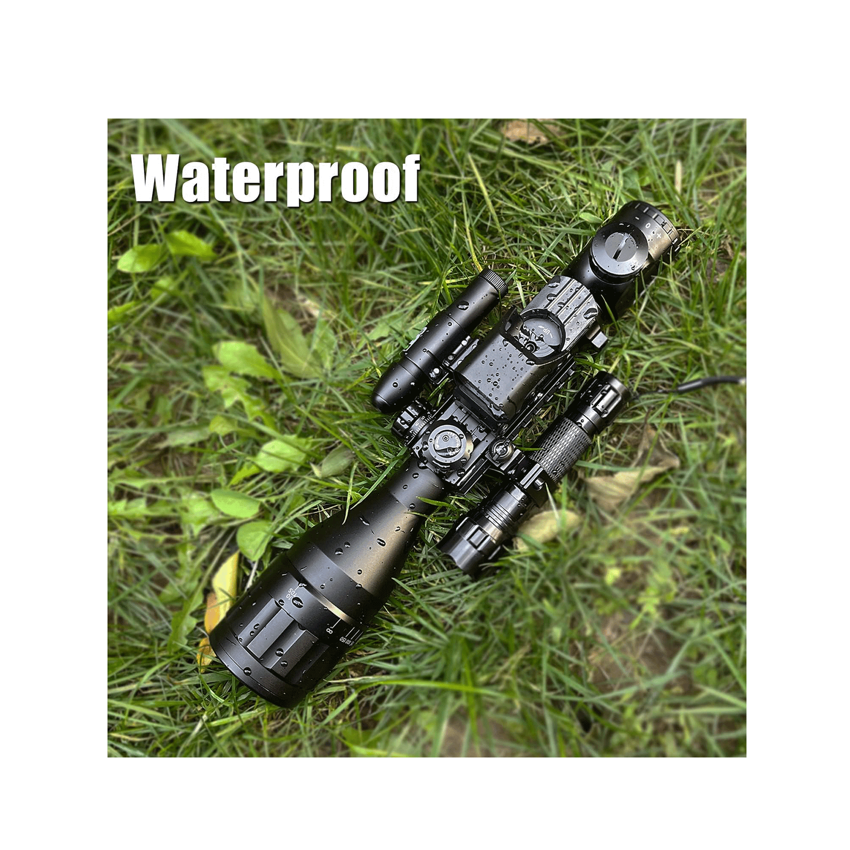 Display showing the waterproof feature of UUQ 4-16X50 AO 4 in 1 Combo Scope with water droplets on the scope, set against a grassy background.
