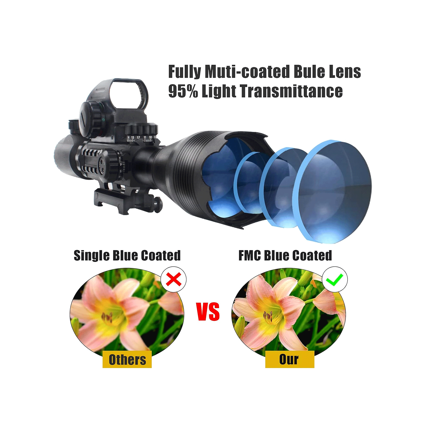 UUQ 4-16x50 Tactical Rifle Scope Red/Green Illuminated Range Finder Reticle W/Laser Sight and Holographic Reflex Dot Sight - UUQ Optics