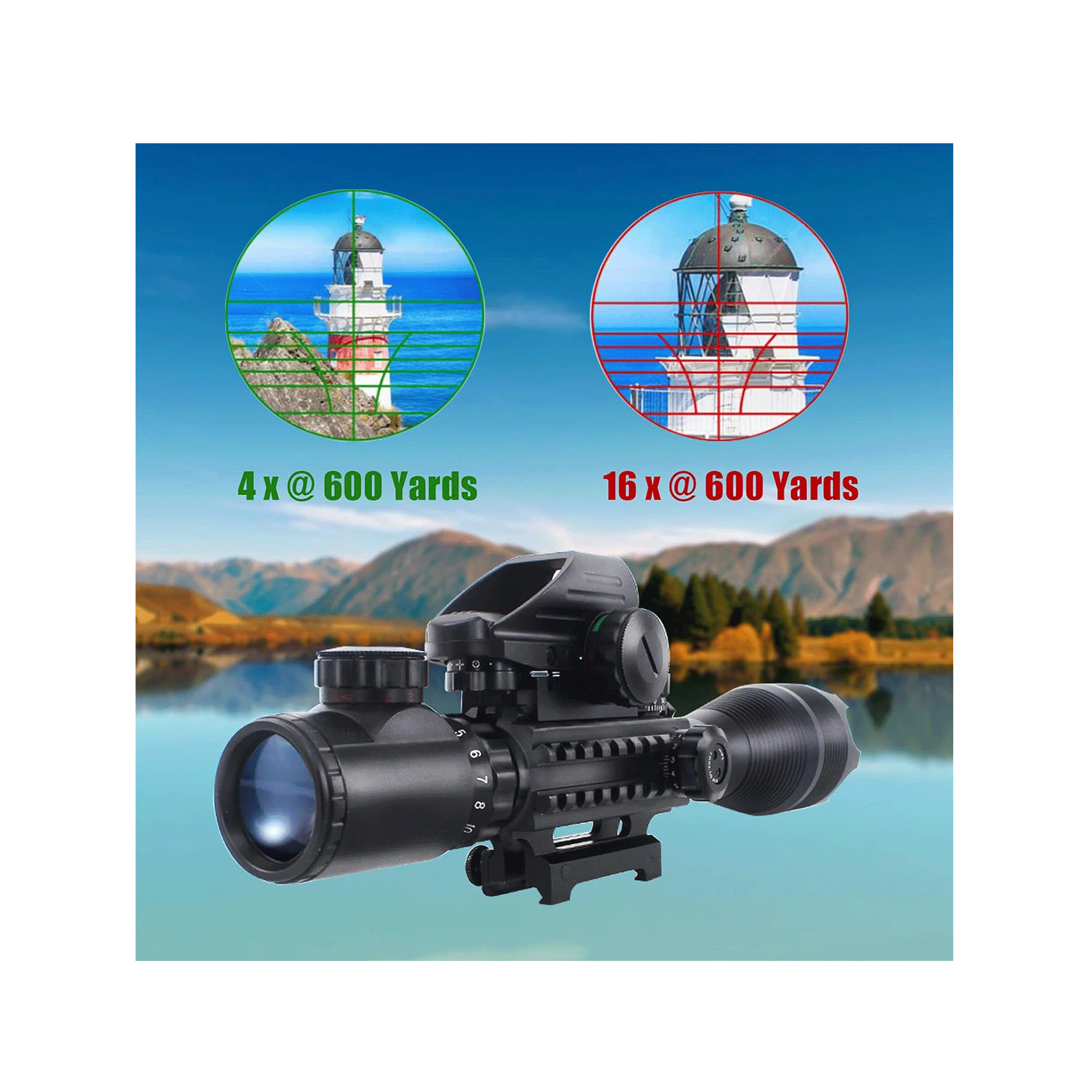 UUQ 4-16x50 Tactical Rifle Scope Red/Green Illuminated Range Finder Reticle W/Laser Sight and Holographic Reflex Dot Sight - UUQ Optics
