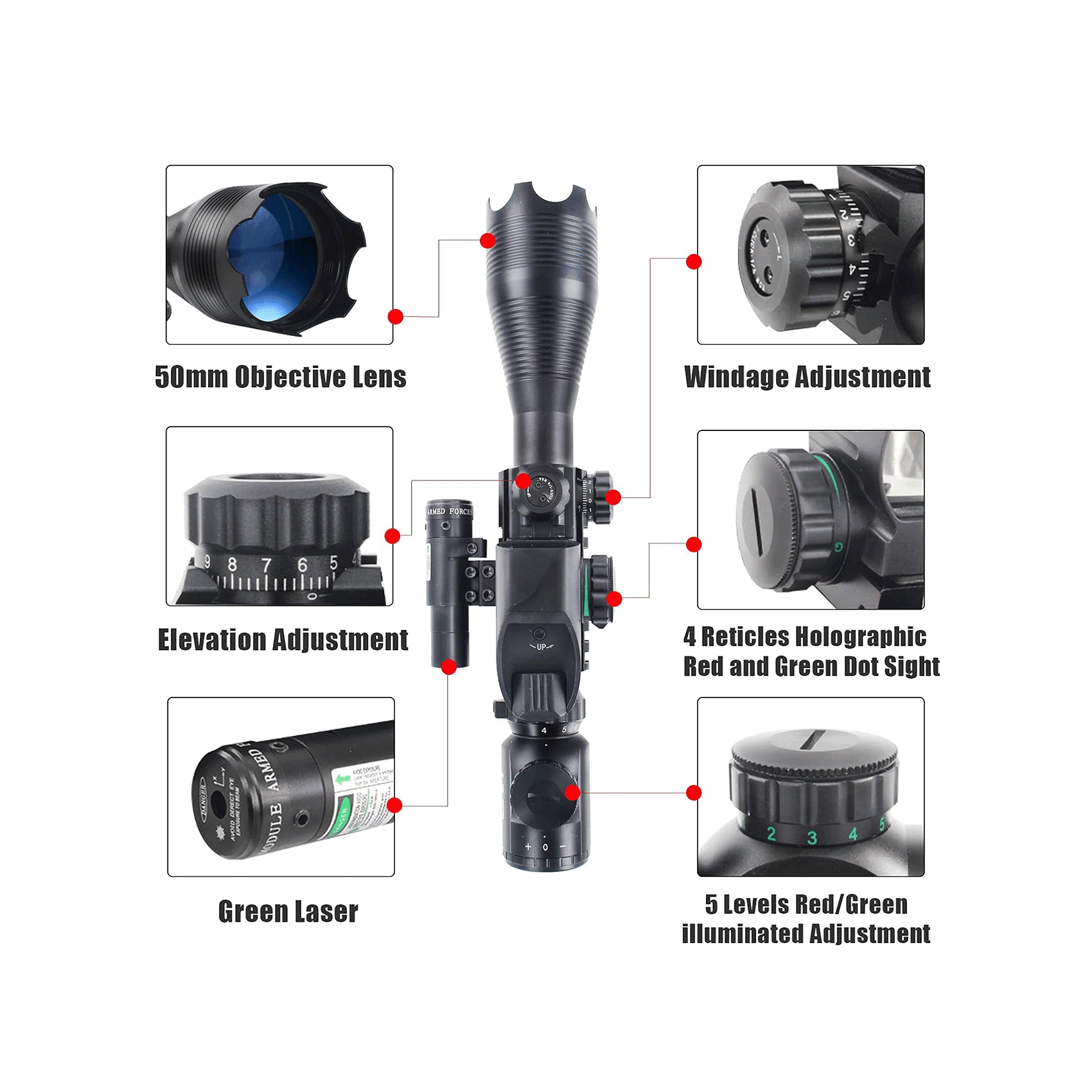 UUQ 4-16x50 Tactical Rifle Scope Red/Green Illuminated Range Finder Reticle W/Laser Sight and Holographic Reflex Dot Sight - UUQ Optics