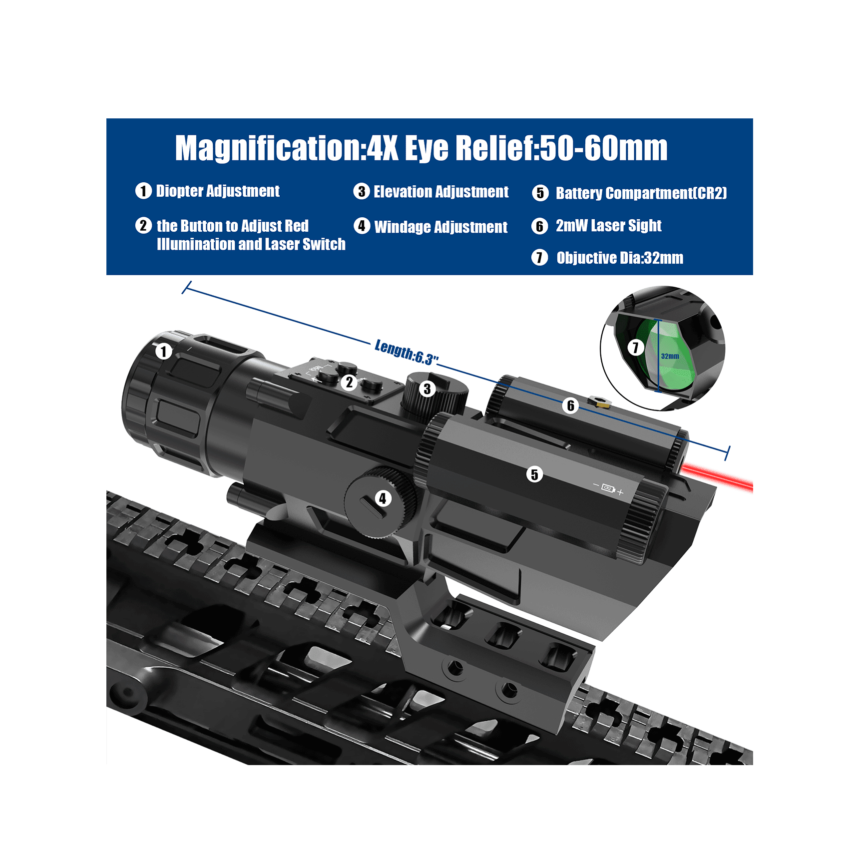 UUQ 4X32 Prism Rifle Scope with Red Laser and Illuminated Reticle - UUQ Optics