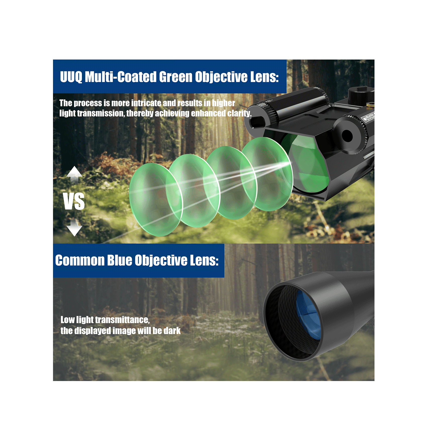Multi-coated green objective lens.