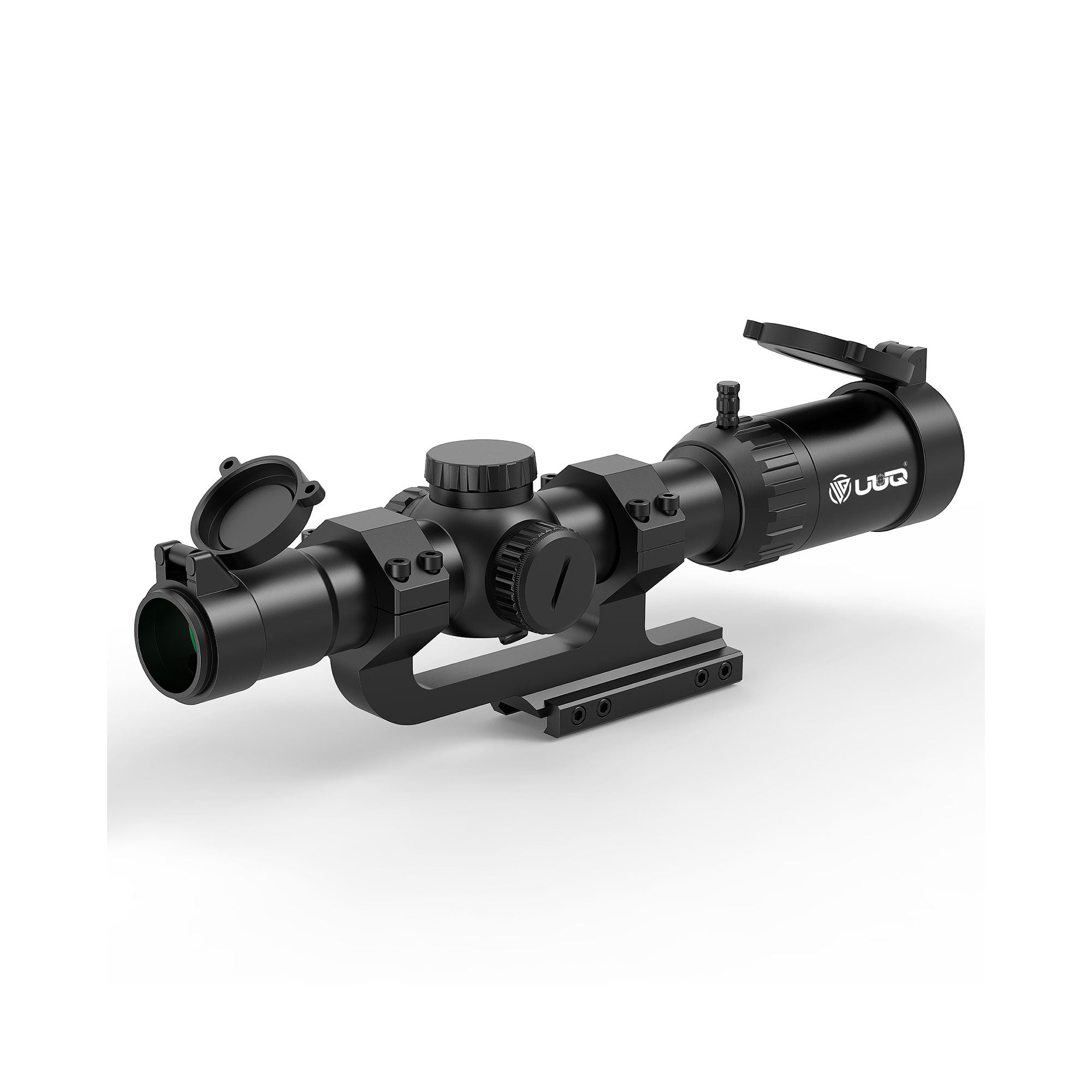 UUQ Aspire ED 1-12x24mm LPVO scope, black, with protective covers, suitable for various shooting scenarios.
