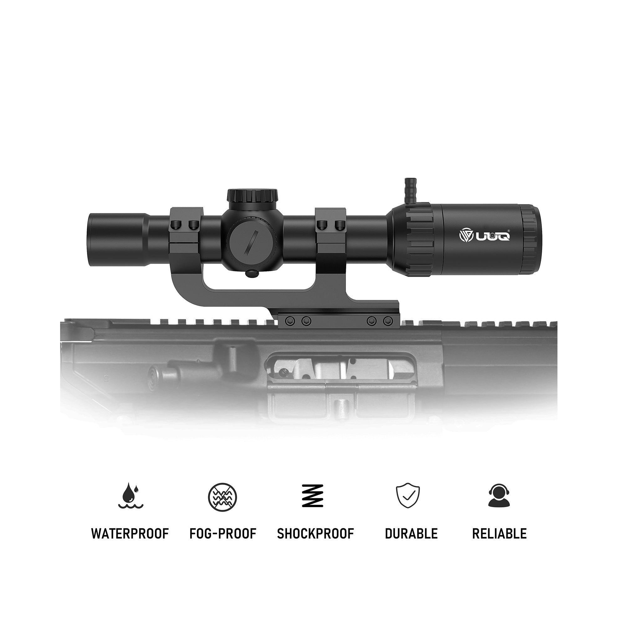 UUQ Aspire ED 1-12x24mm LPVO scope mounted on a rifle, highlighting its waterproof, fog-proof, shockproof, durable, and reliable features.
