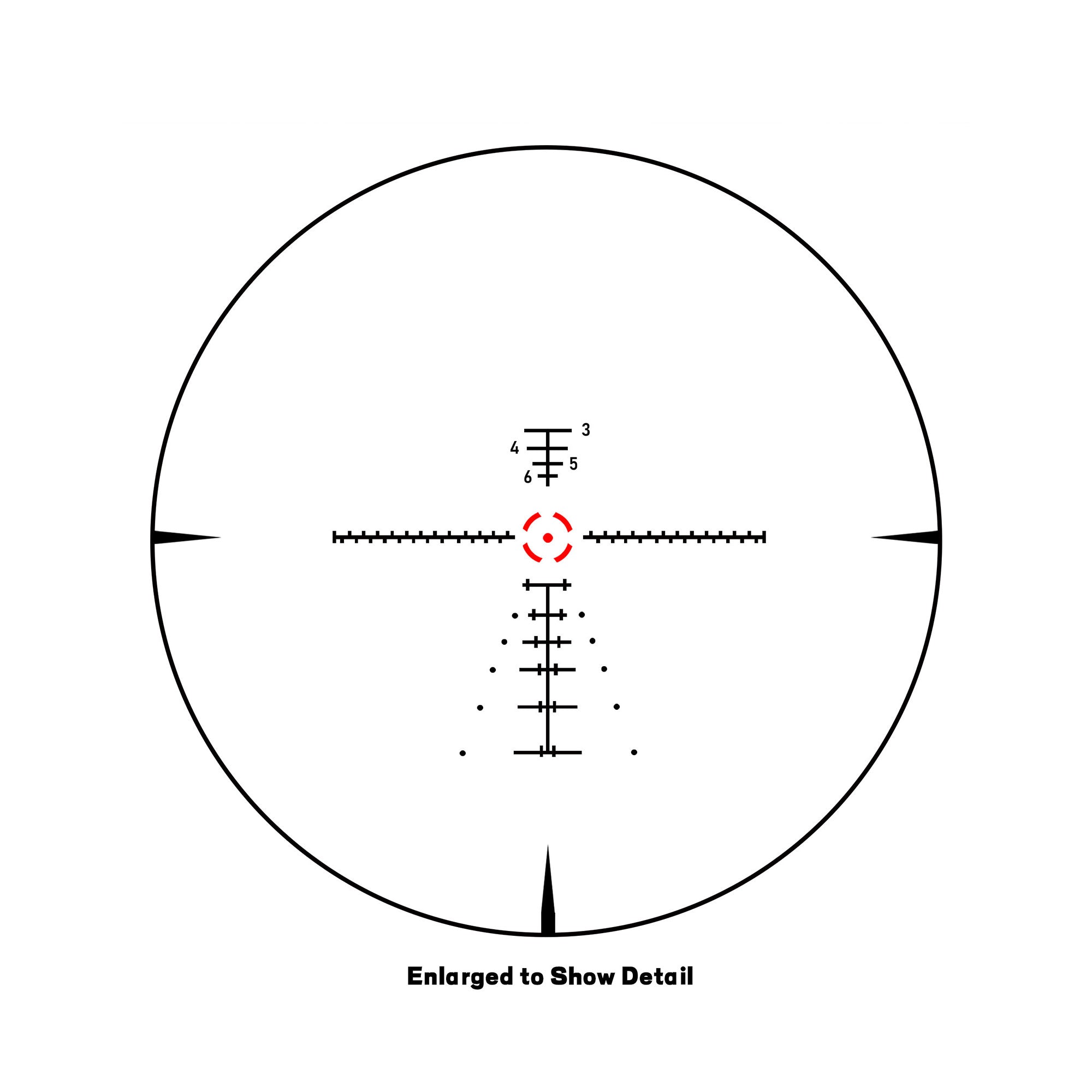 Detail view of the red illuminated reticle of the UUQ Aspire ED 1-12x24mm LPVO scope, enlarged to show details.
