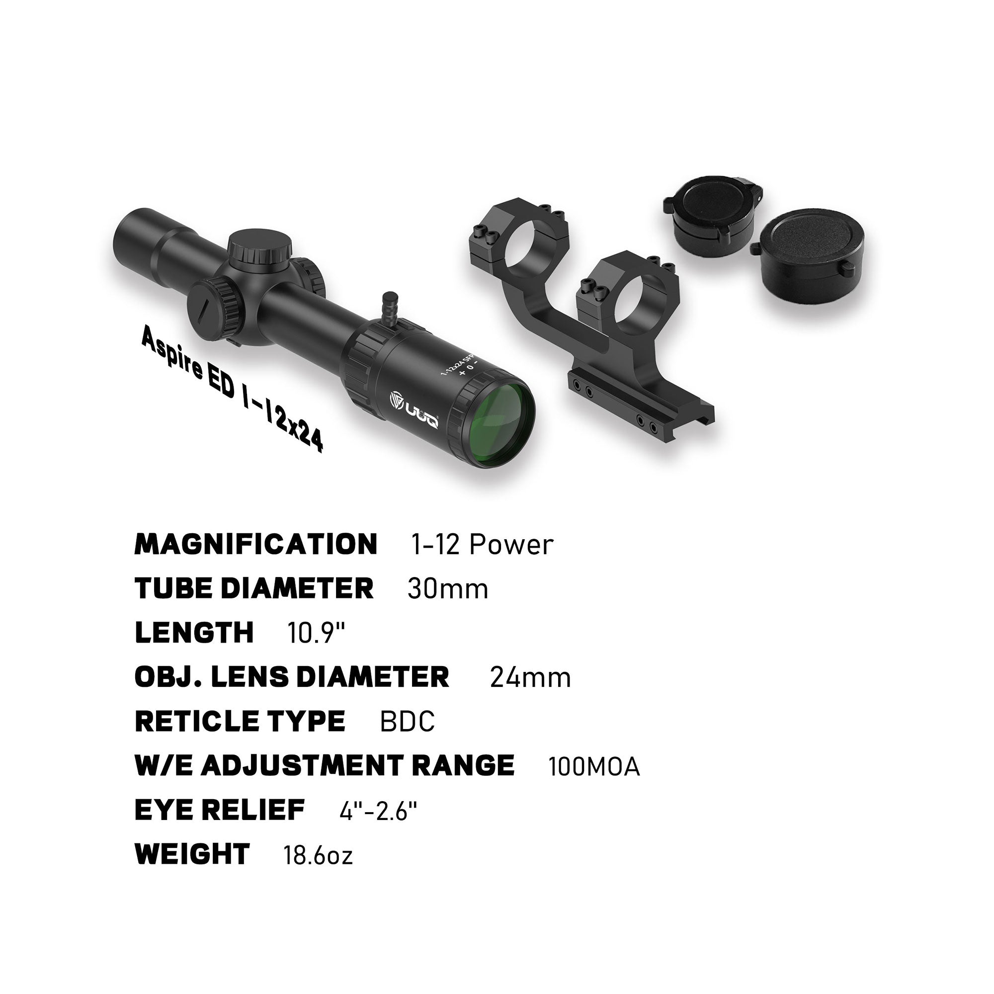 UUQ Aspire ED 1-12x24mm LPVO scope and its specifications, including magnification, tube diameter, length, objective lens diameter, reticle type, adjustment range, eye relief, and weight.
