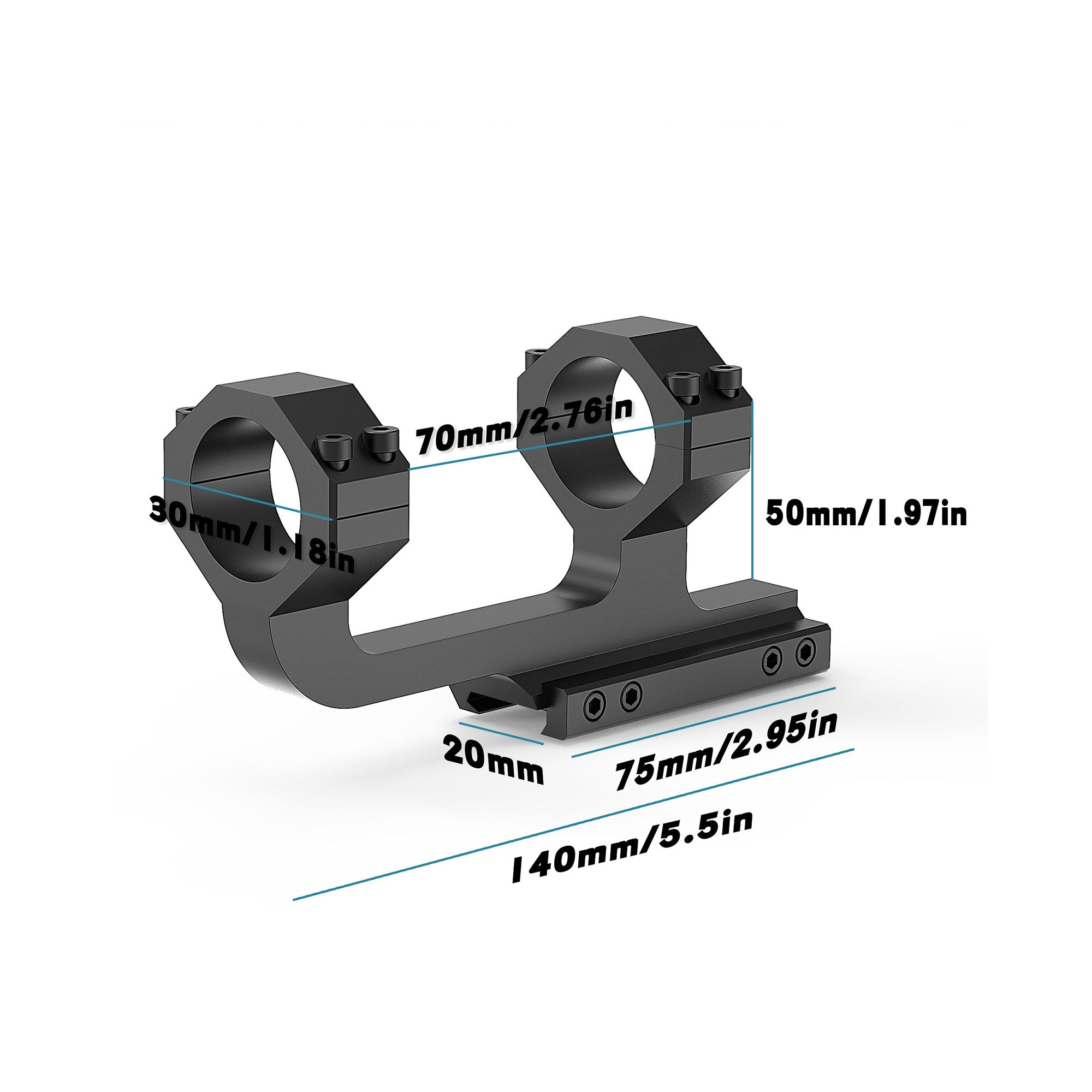 Dimension diagram of the mount for UUQ Aspire ED 1-6x24mm LPVO scope, showing detailed measurements of height, width, and length.
