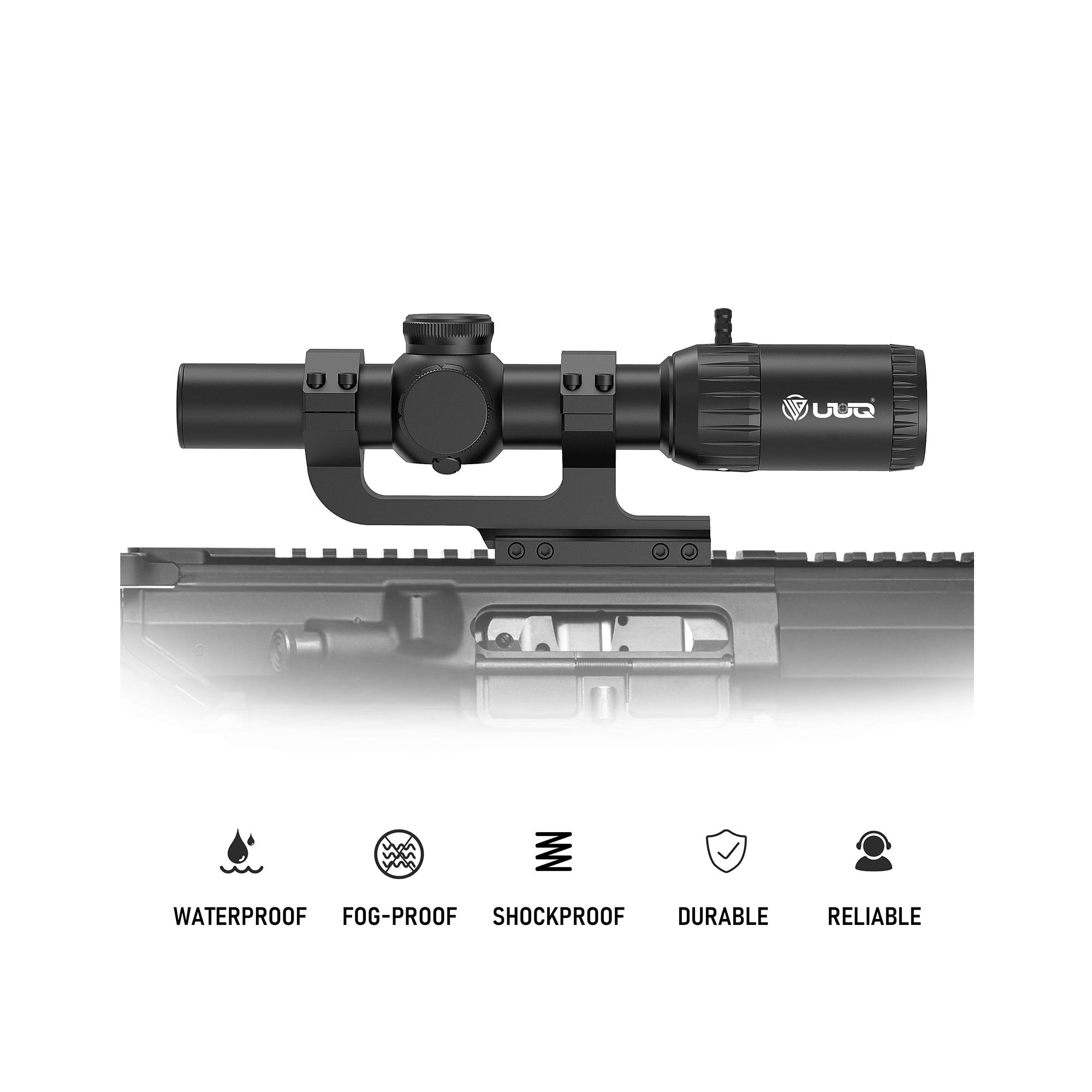 Performance display of UUQ Aspire ED 1-6x24mm LPVO scope mounted on a rifle, highlighting its waterproof, fog-proof, shockproof, durable, and reliable features.
