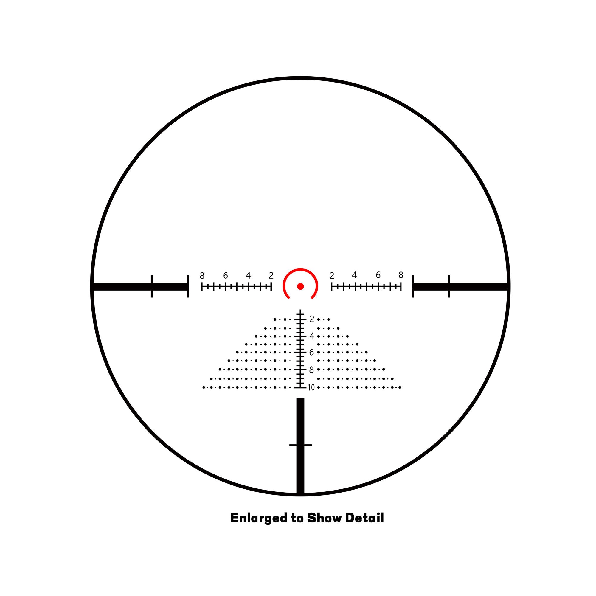 Reticle view of UUQ Aspire ED 1-6x24mm LPVO scope, showing the red dot and crosshair grid, enlarged to show details.
