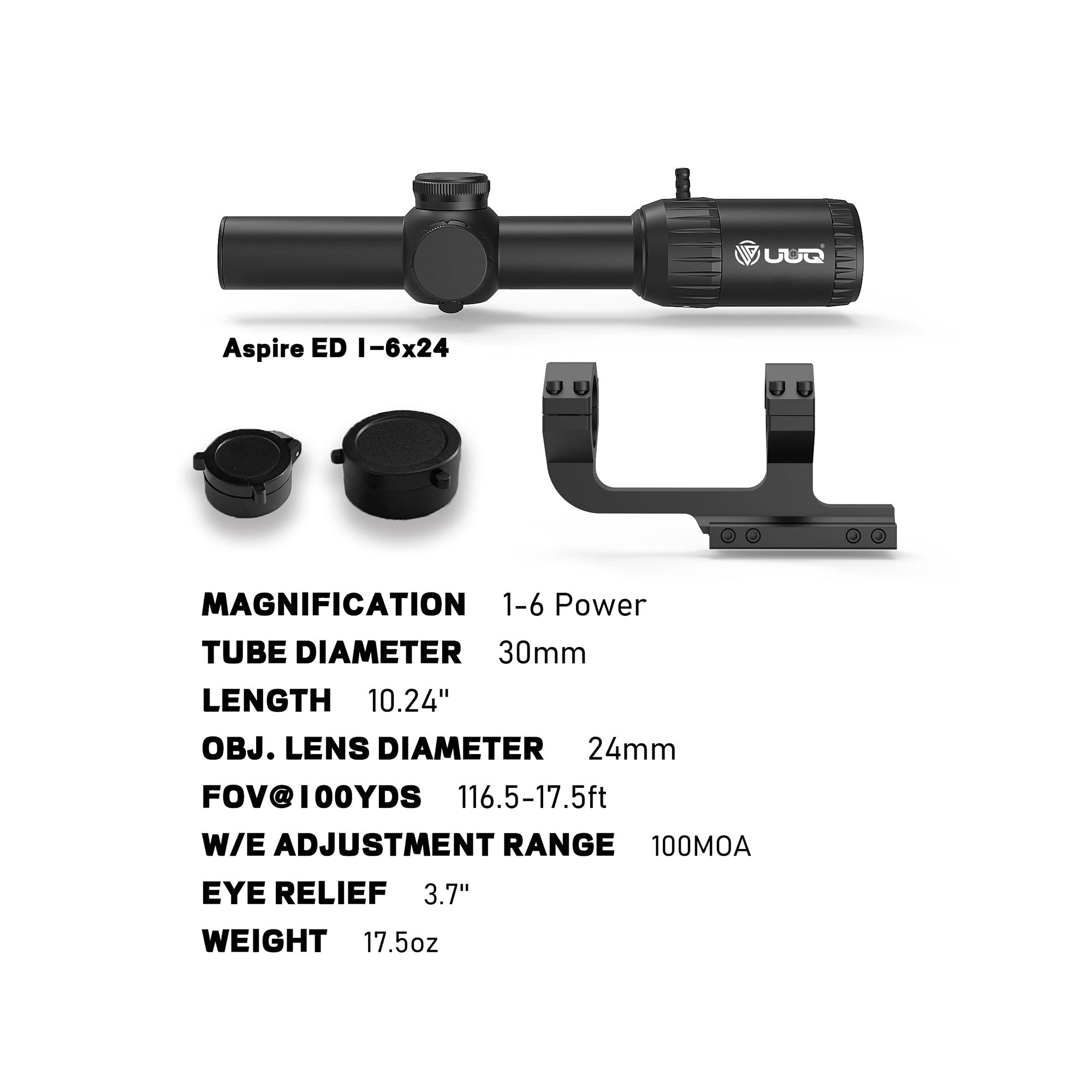Specifications display of UUQ Aspire ED 1-6x24mm LPVO scope, including magnification, tube diameter, length, objective lens diameter, field of view, adjustment range, eye relief, and weight.
