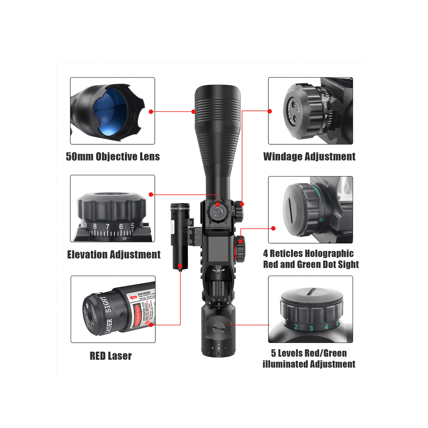 UUQ C412X50 Rifle Scope Dual Illuminated Reticle W/Laser Sight and Ho
