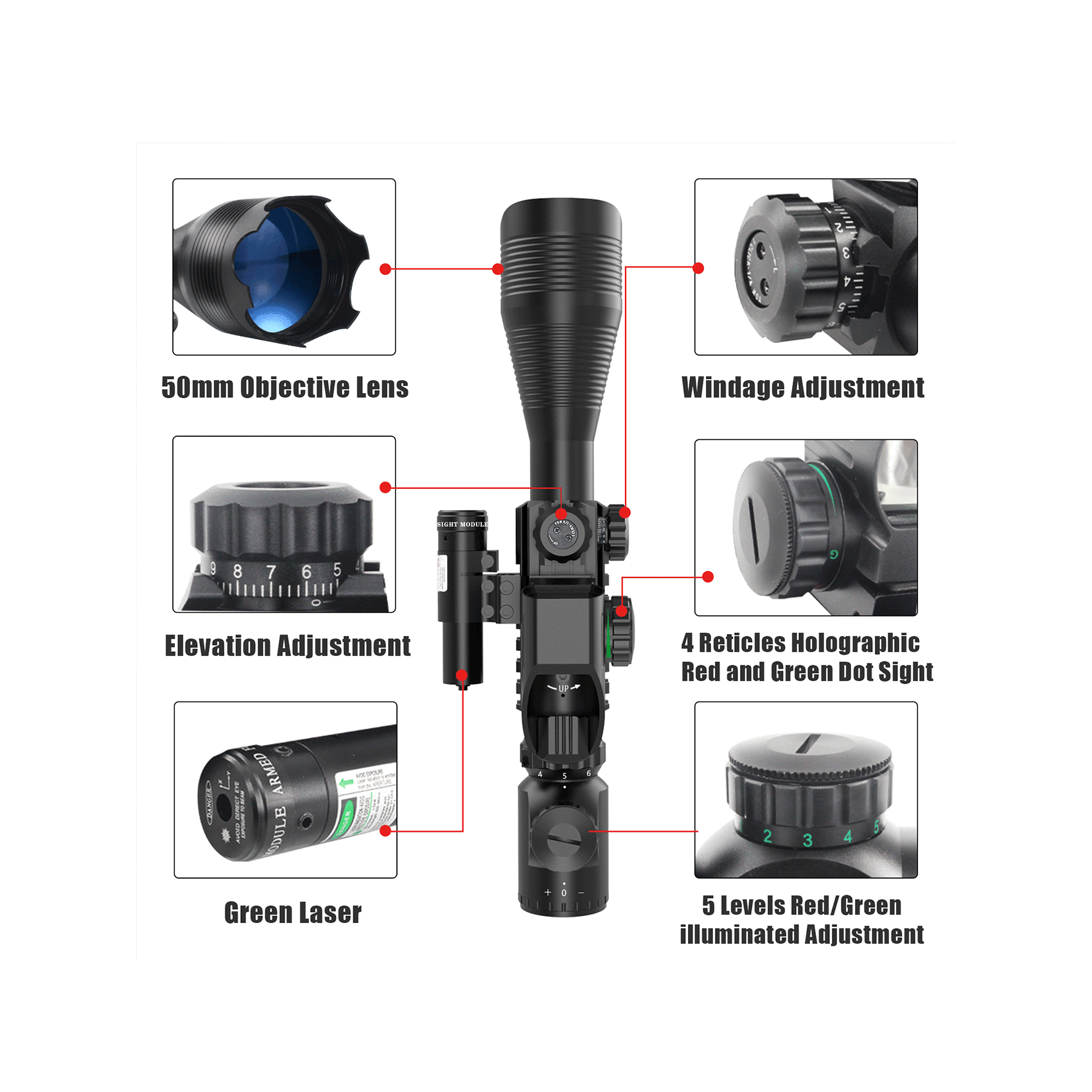 UUQ C4-12X50 Rifle Scope Dual Illuminated Reticle W/Laser Sight and Holographic Red Dot Reflex Sight - UUQ Optics