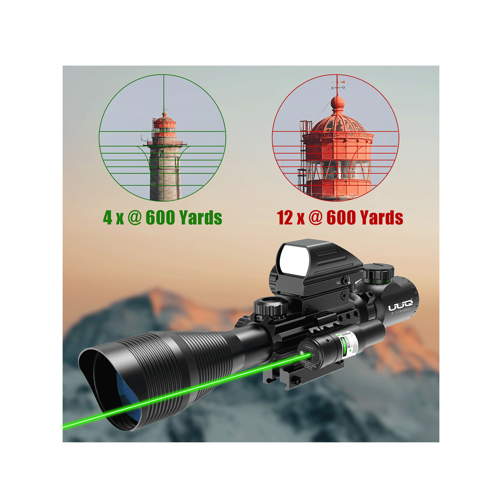 UUQ C4-12X50 Rifle Scope Dual Illuminated Reticle W/Laser Sight and Holographic Red Dot Reflex Sight - UUQ Optics