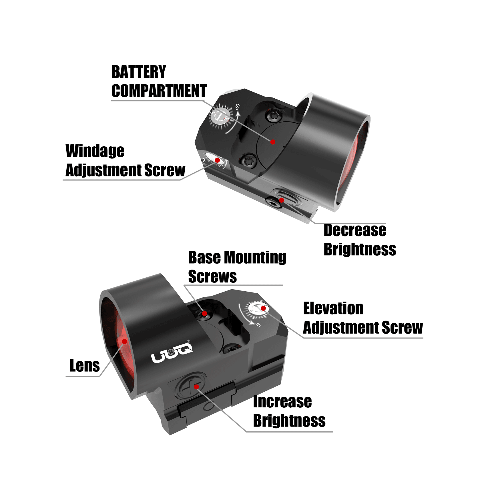 UUQ EagleC28 Shake Awake Red Dot Sight with Universal Mount - 2MOA, 1x26mm Lens, 10 Brightness Levels - UUQ Optics