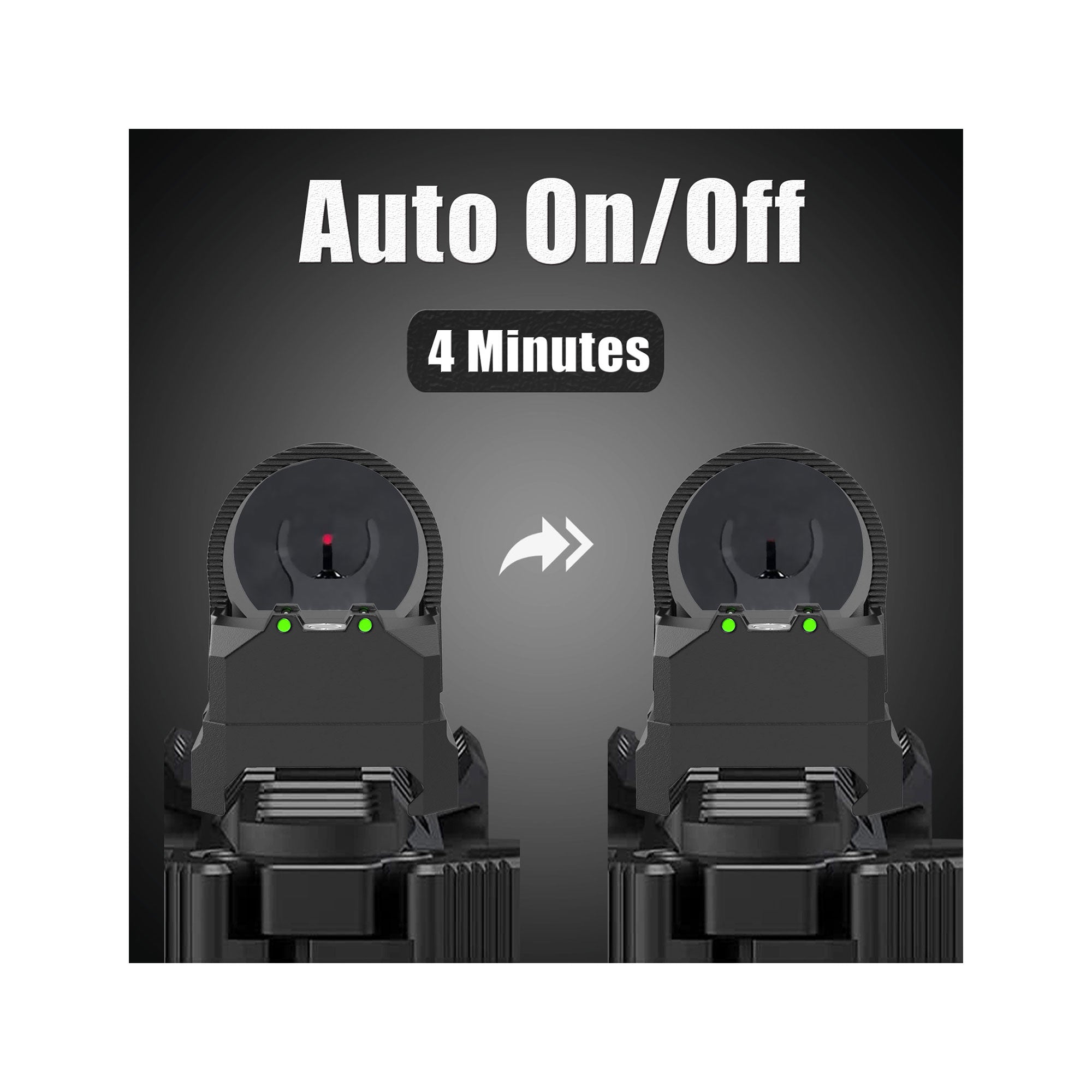 UUQ Eagle C28F Fiber Red Dot Sight with auto on/off function, automatically turns on or off within 4 minutes, conserving battery power and enhancing user convenience.
