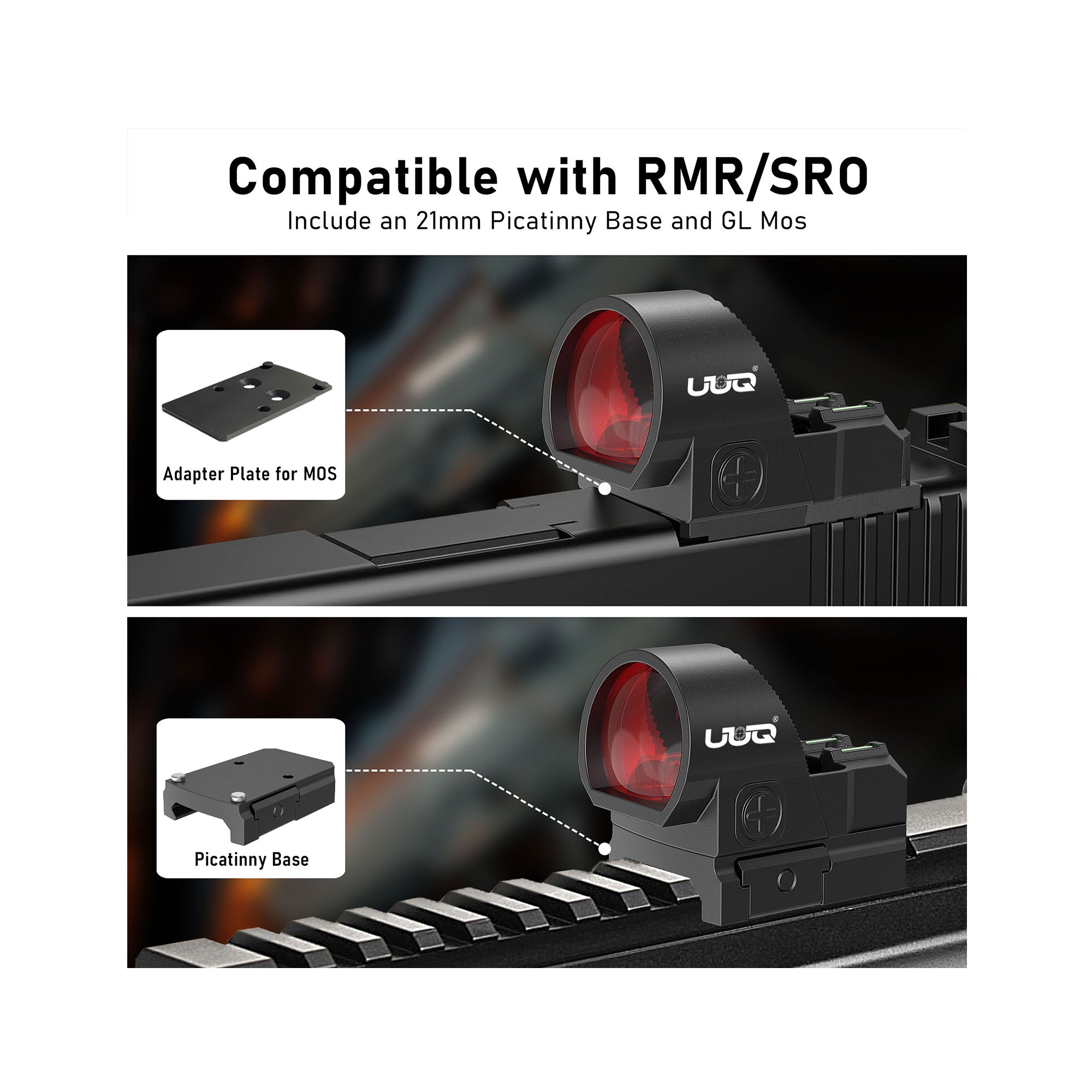UUQ Eagle C28F Fiber Red Dot Sight, compatible with RMR/SRO, includes a 21mm Picatinny base and GL Mos, suitable for various mounting needs.
