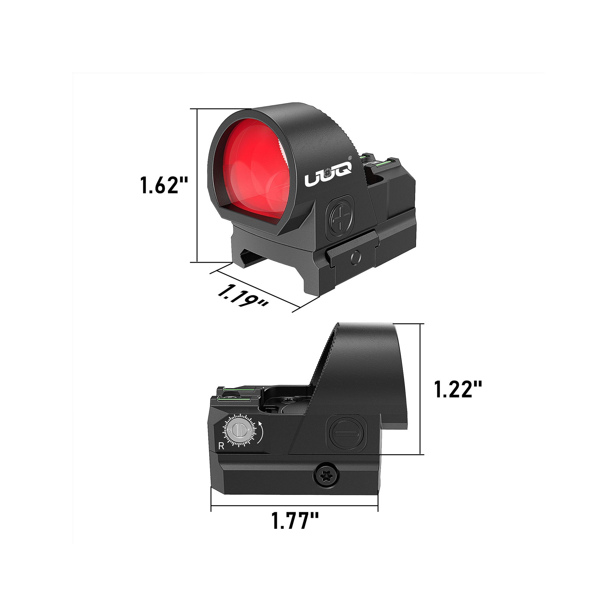 UUQ Eagle C28F Fiber Red Dot Sight, showing detailed dimensions including height, width, and depth, suitable for precise mounting and use.
