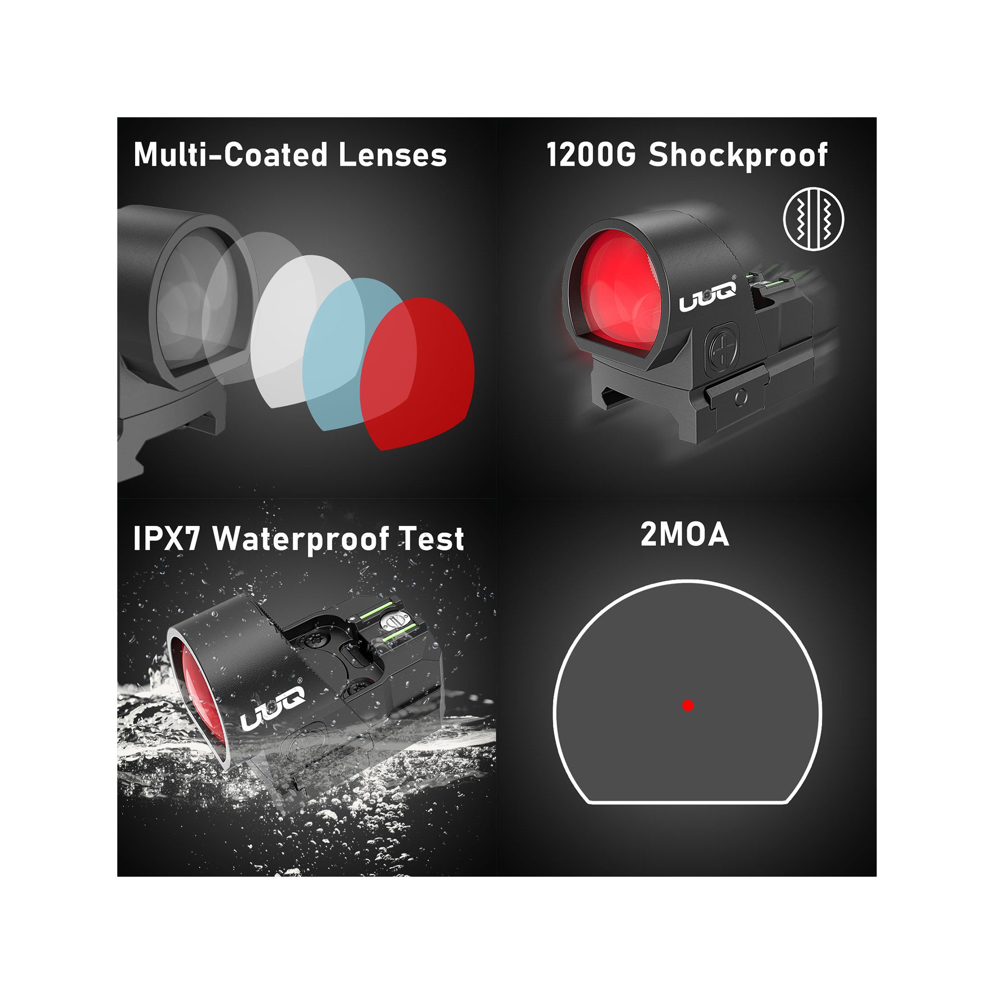 UUQ Eagle C28F Fiber Red Dot Sight features, including multi-coated lenses, 1200G shockproof, IPX7 waterproof test, and 2MOA accuracy, suitable for various environments and conditions.

