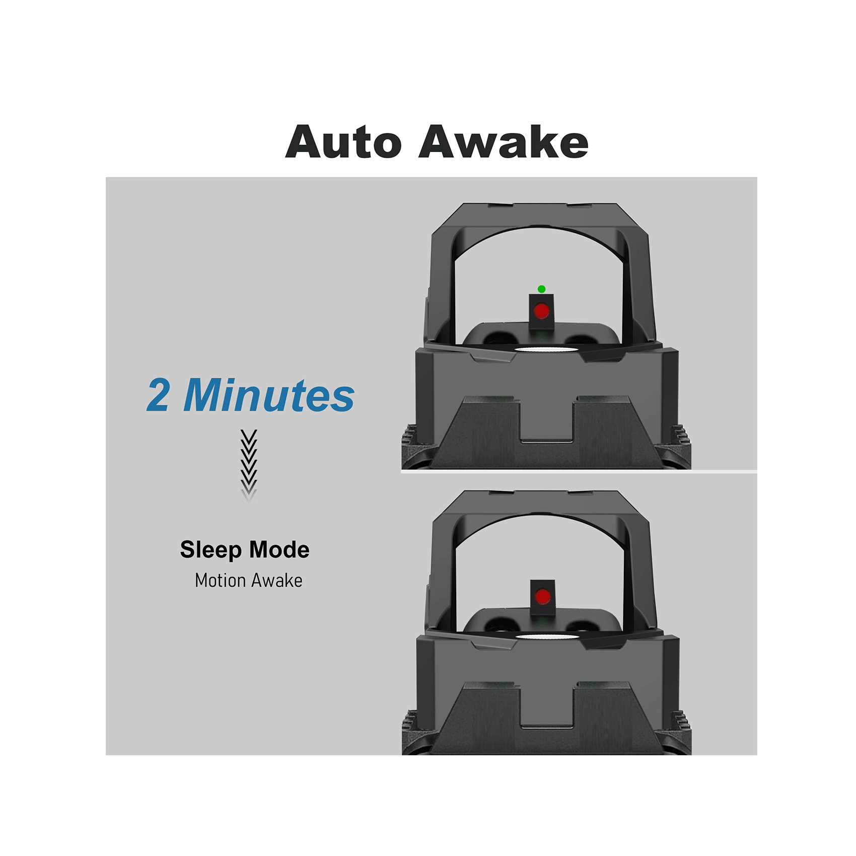 UUQ HD1080G Green Dot Sight showcasing auto awake feature, enters sleep mode after 2 minutes of inactivity, motion awake
