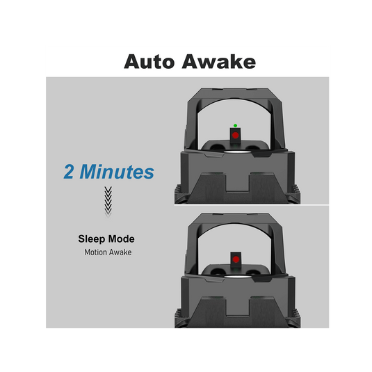 UUQ HD1080G Green Dot Sight showcasing auto awake feature, enters sleep mode after 2 minutes of inactivity, motion awake
