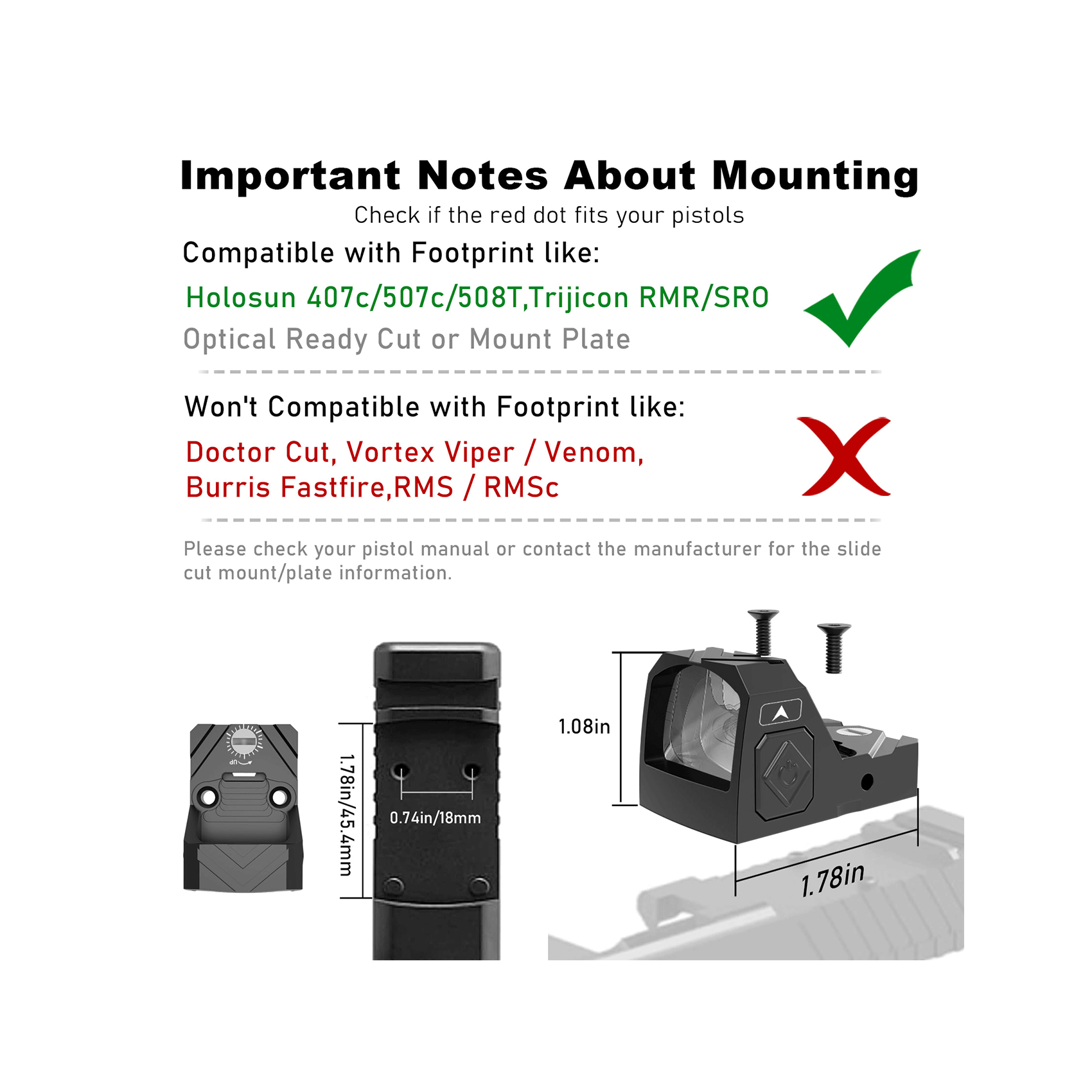 UUQ HD1080G Green Dot Sight mounting notes, compatible and incompatible footprints including Holosun 407c/507c/508T, Trijicon RMR/SRO, and more
