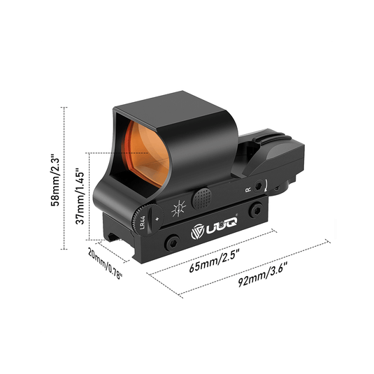 UUQ HD119A 1x28x40mm red dot sight dimension display, including specific measurements such as a height of 58mm, width of 37mm, and length of 92mm.
