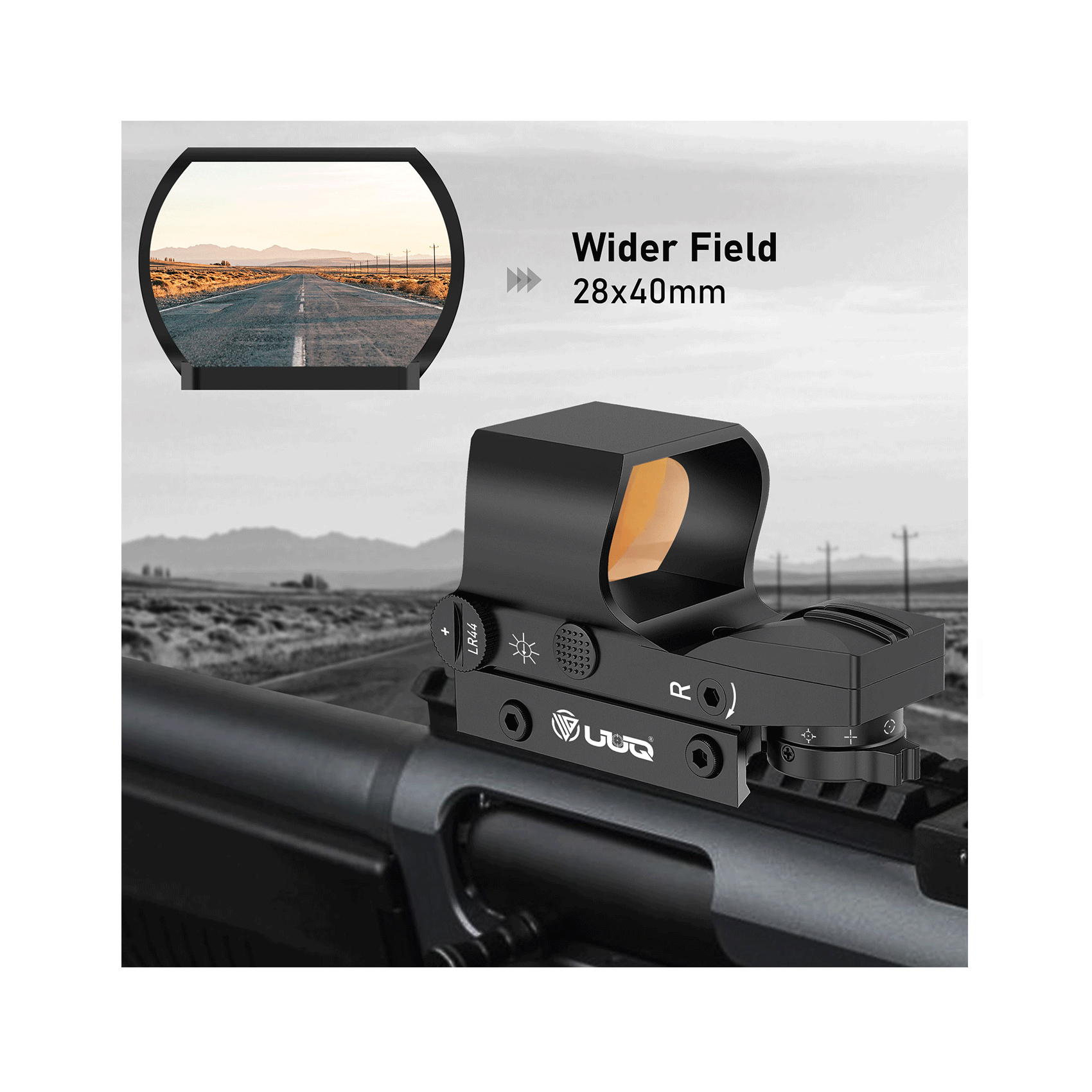 UUQ HD119A 1x28x40mm red dot sight showing wider field of view.
