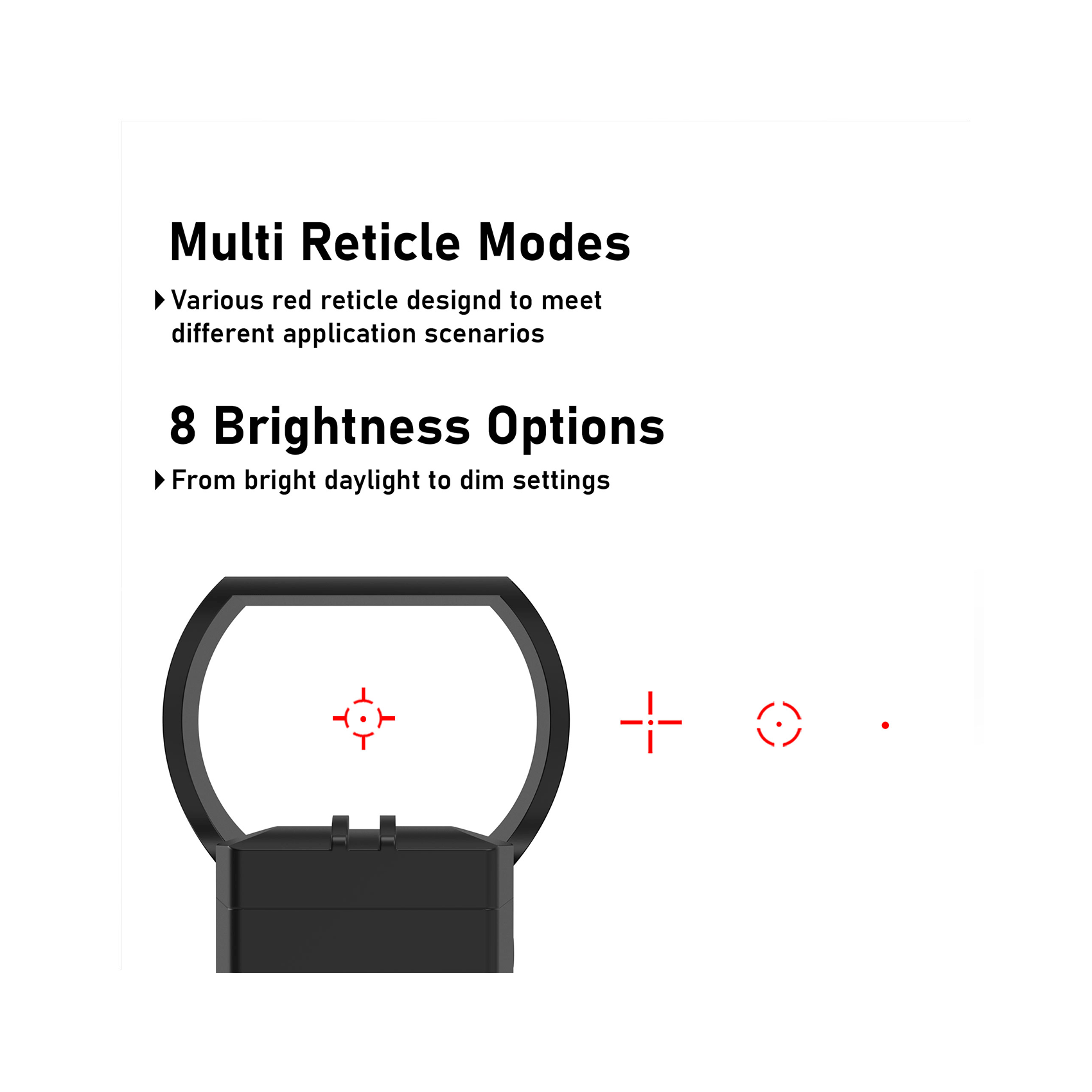 UUQ HD119A 1x28x40mm red dot sight showing multi reticle modes and 8 brightness options.

