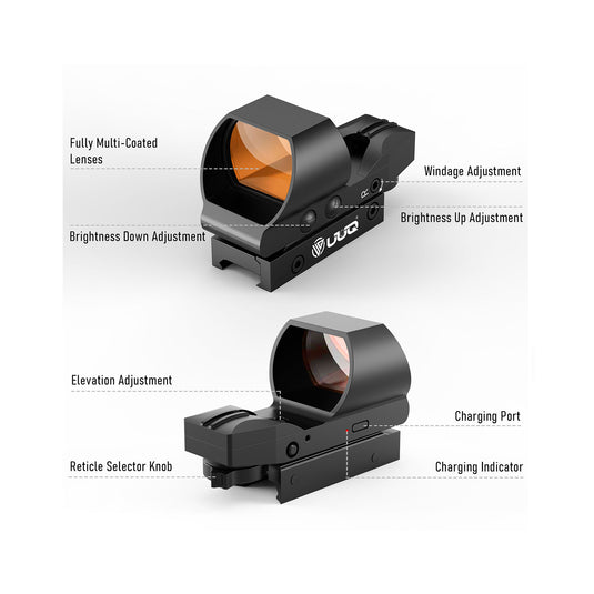 UUQ HD119A rechargeable red dot sight showcasing features like fully multi-coated lenses, brightness adjustment, windage adjustment, elevation adjustment, reticle selector knob, charging port, and charging indicator.
