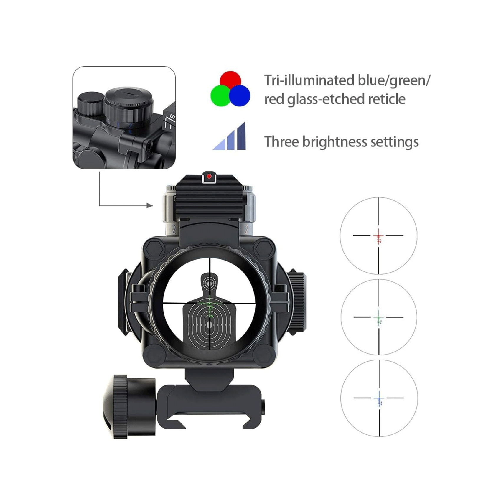 Tri-illuminated blue/green/red glass-etched reticle.