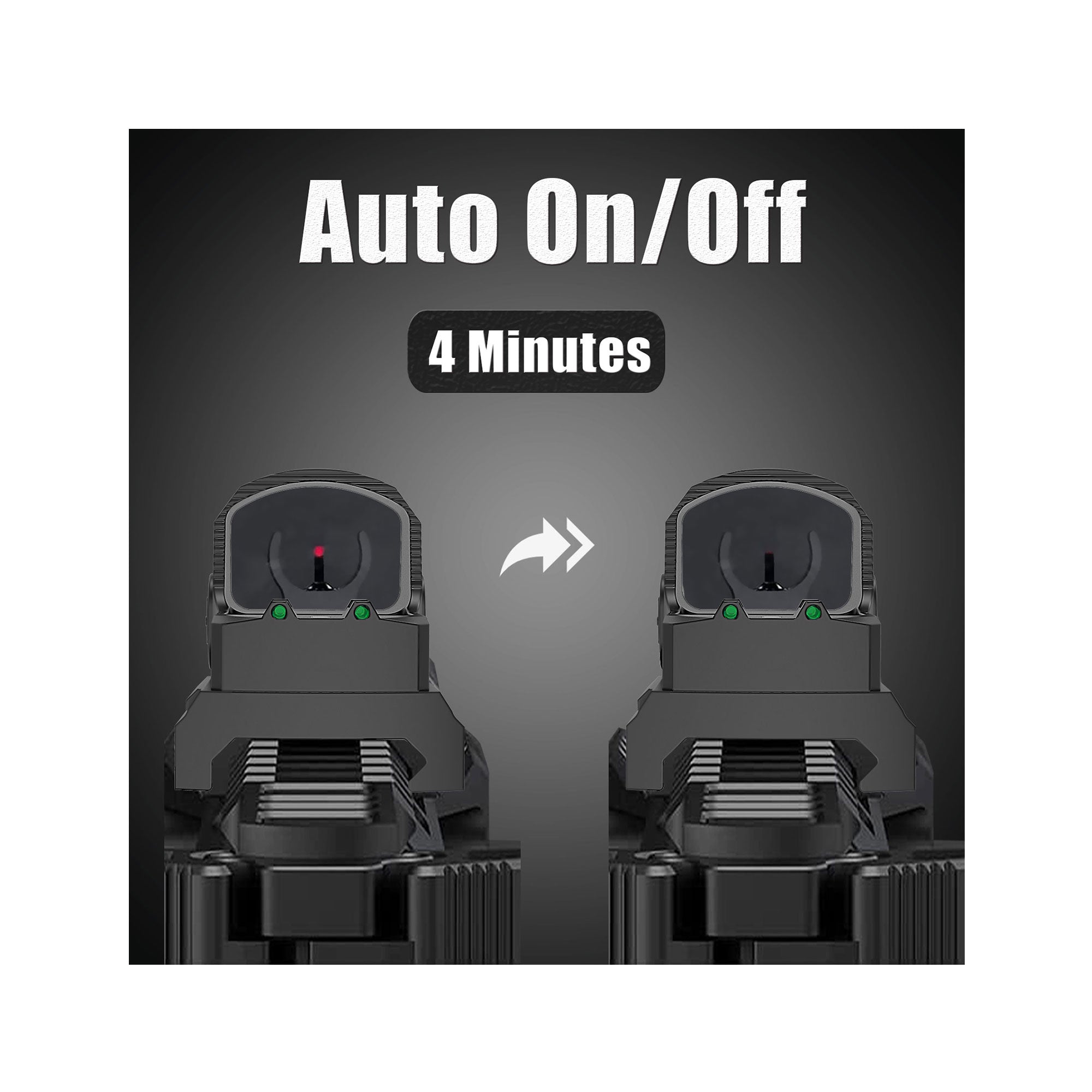 UUQ R26 RMS/RMSc red dot sight showcasing its 4-minute auto on/off feature.
