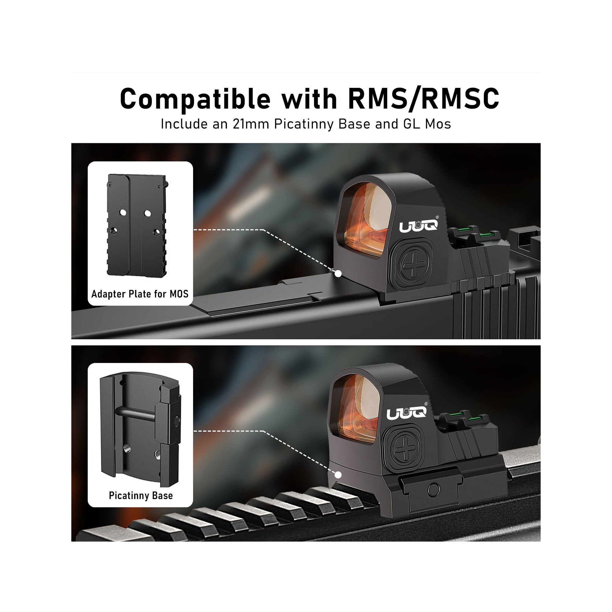 UUQ R26 RMS/RMSc red dot sight showcasing compatibility with RMS/RMSC and includes a 21mm Picatinny base and GL MOS adapter plate.
