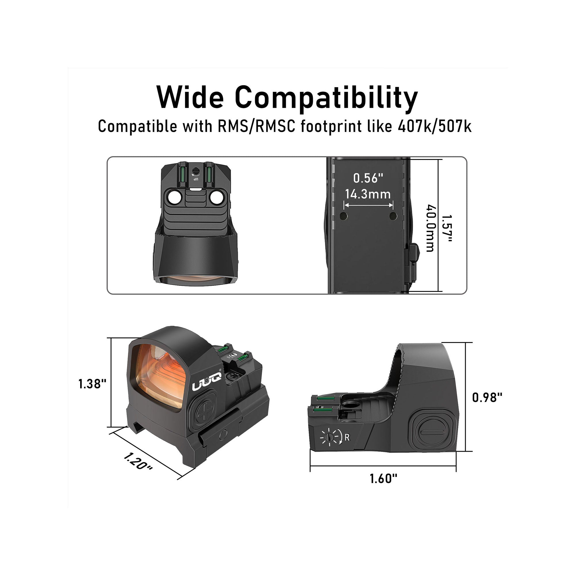 UUQ R26 RMS/RMSc red dot sight showcasing its dimensions and compatibility, fitting RMS/RMSC footprints like 407k/507k.
